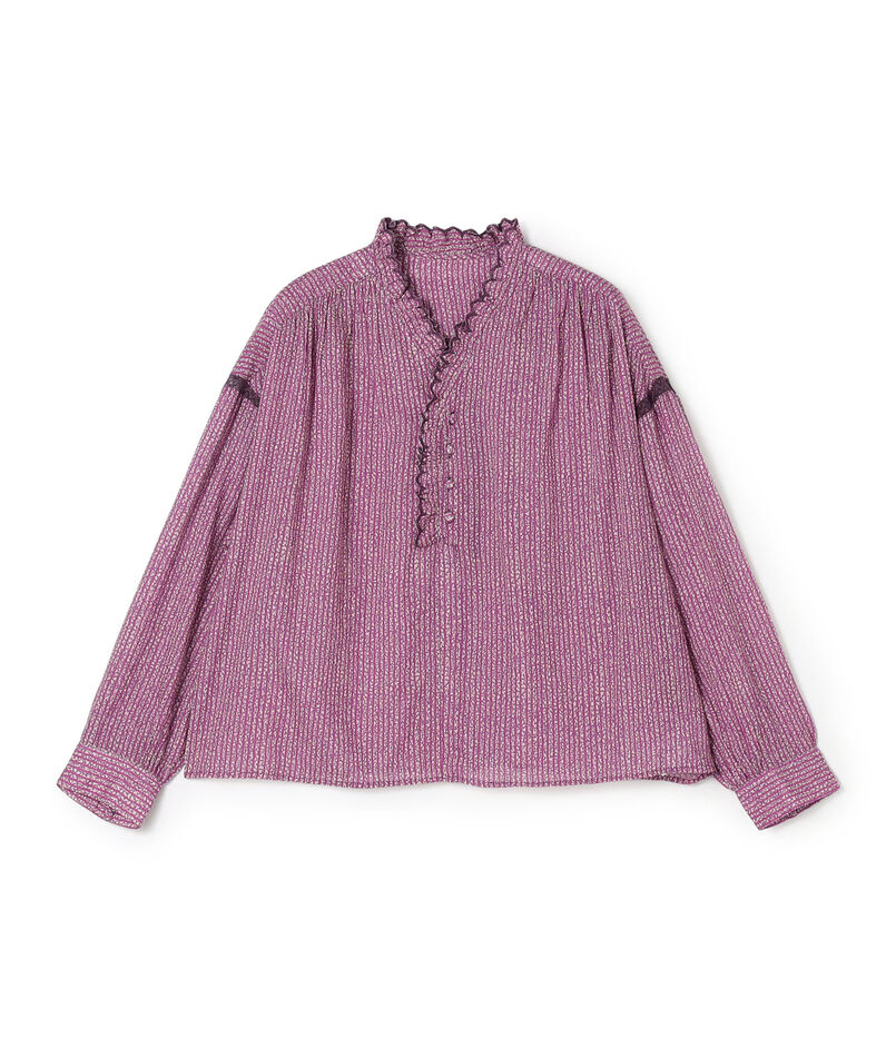 コットンレーヨンプリント スタンドフリルブラウス コットンレーヨンプリント スタンドフリルブラウス