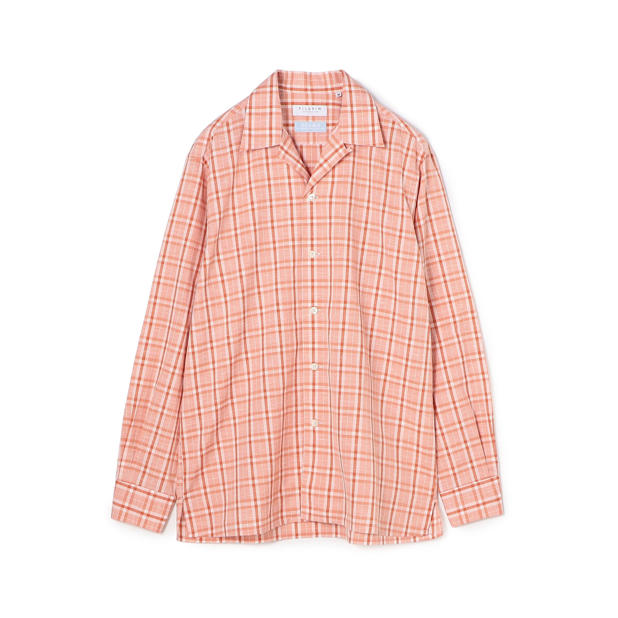 コットンリネン オープンカラーロングスリーブ チェックシャツ