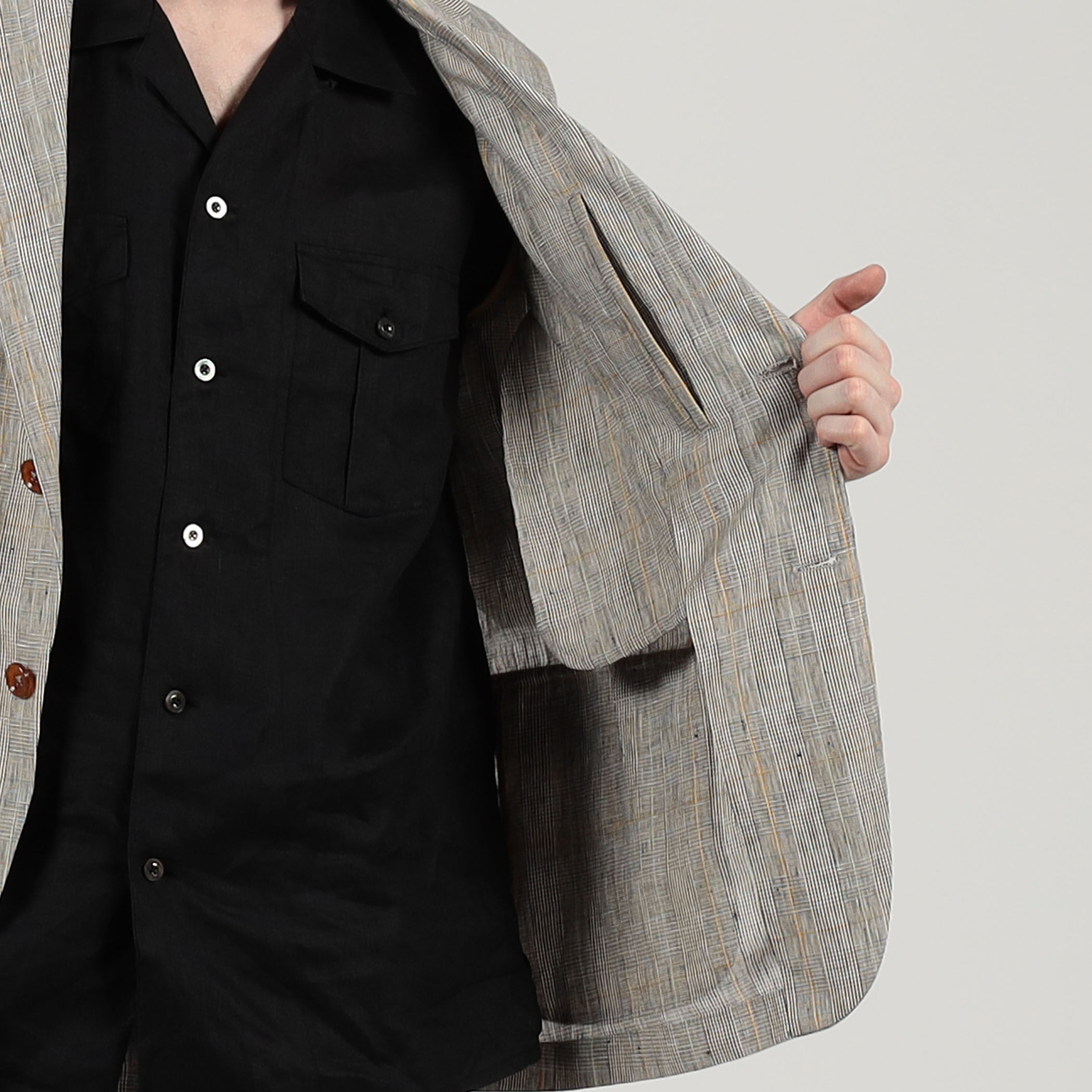 リネン グレンチェック シングルブレステッド 3Bジャケット