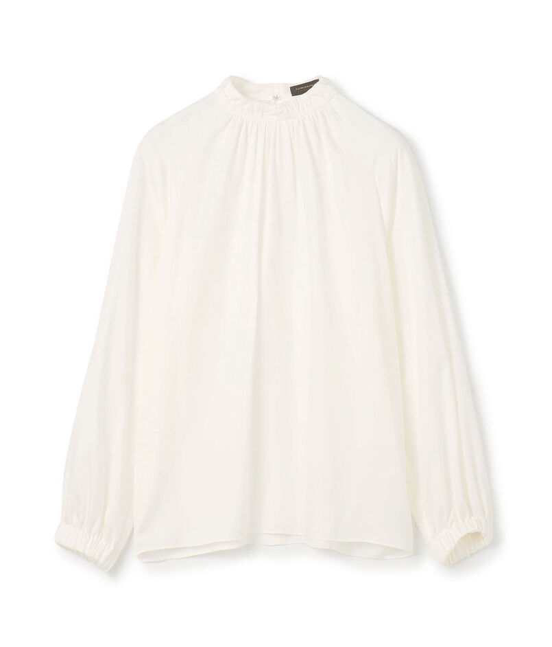 ウォッシャブルサテン スタンドギャザーカラーブラウス