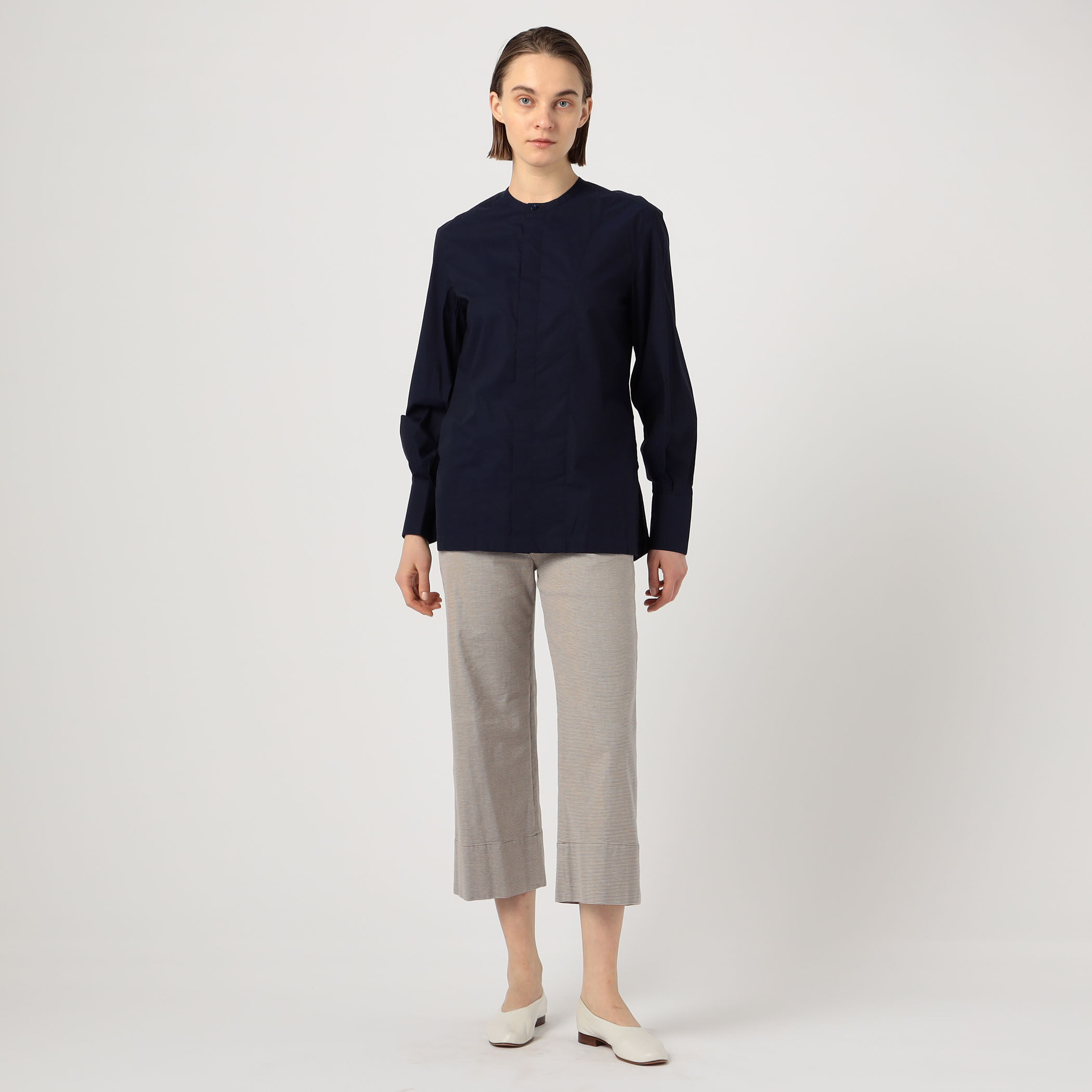 コットンリネンストレッチ セミワイドクロップドパンツ