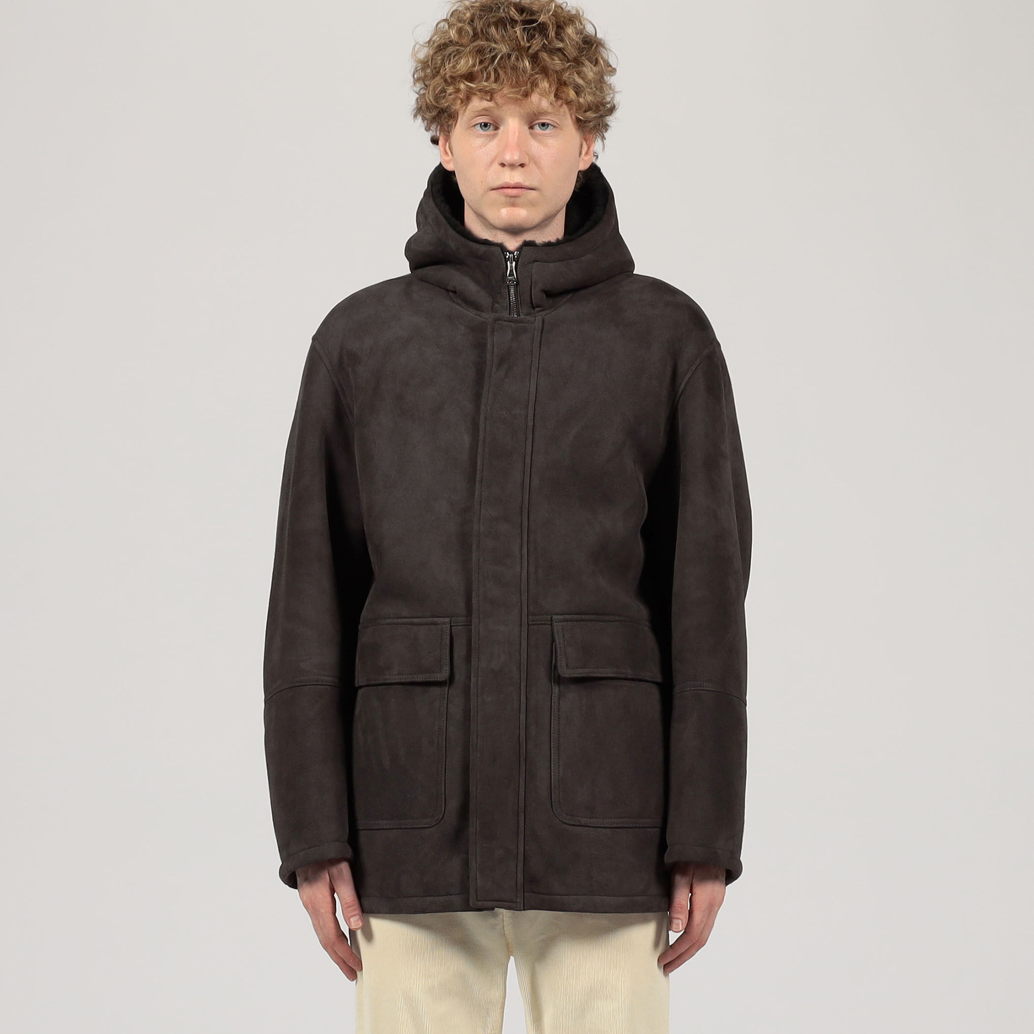 J3541 超美品 エンメティ フーデットムートンコート ブラック 48 WINTER SALE】EMMETI(エンメティ)MELVA ムートン×メルトン フーデット