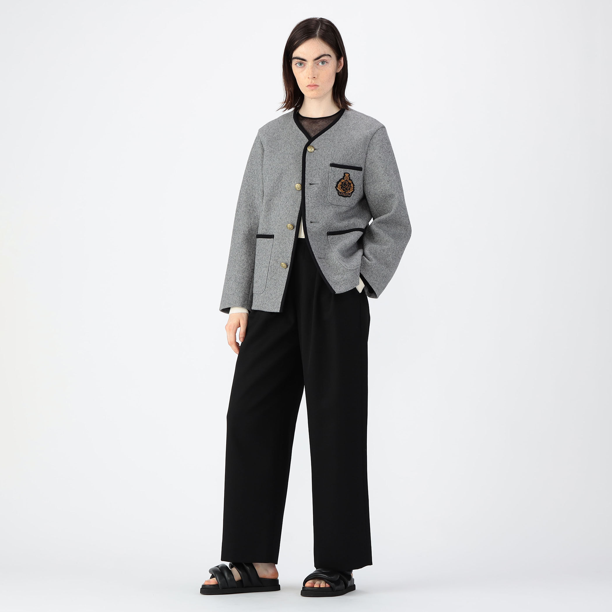 CABaN キャバン ダブルフェイスカラーレスジャケット グレー CABaN ウールコットンダブルフェイス カラーレスジャケット