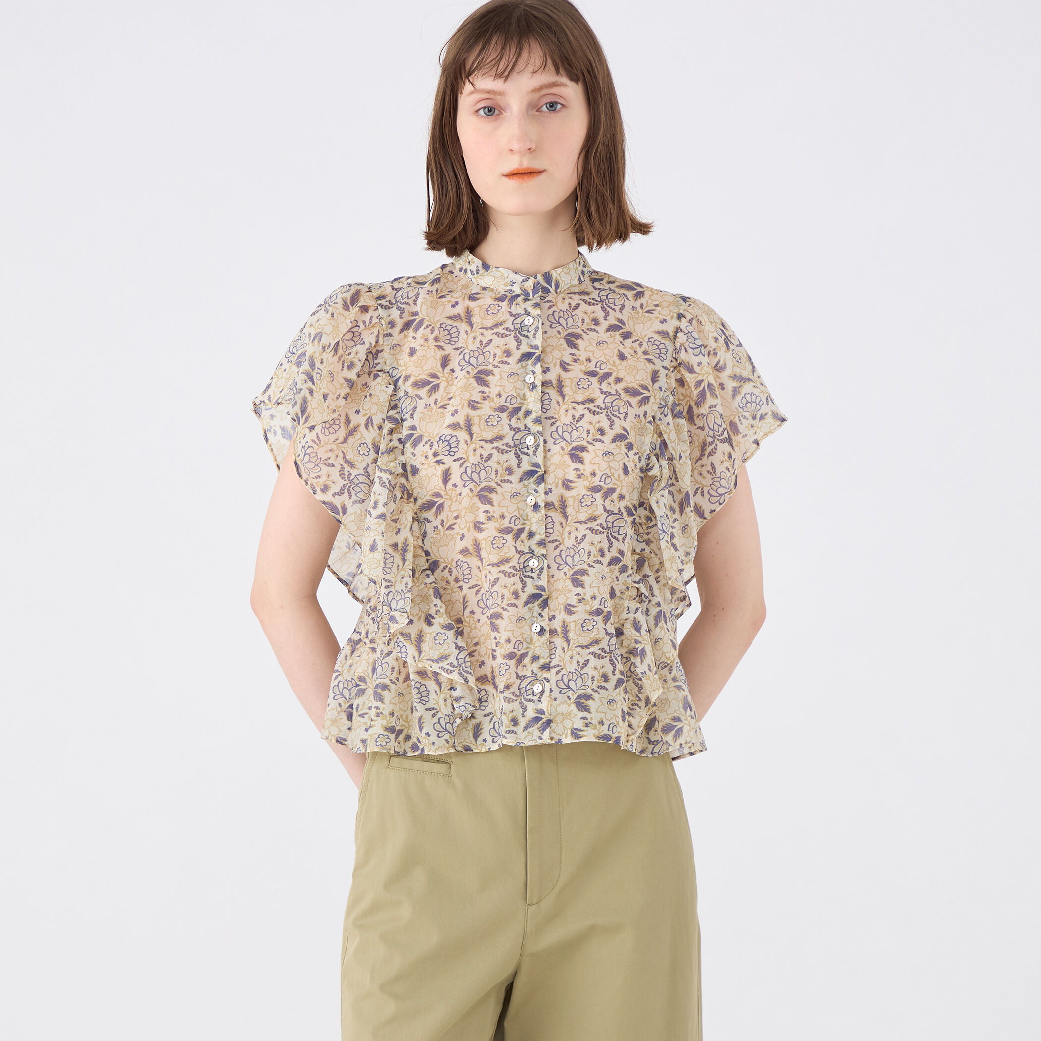 コットンポリエステルプリント バタフライスリーブブラウス