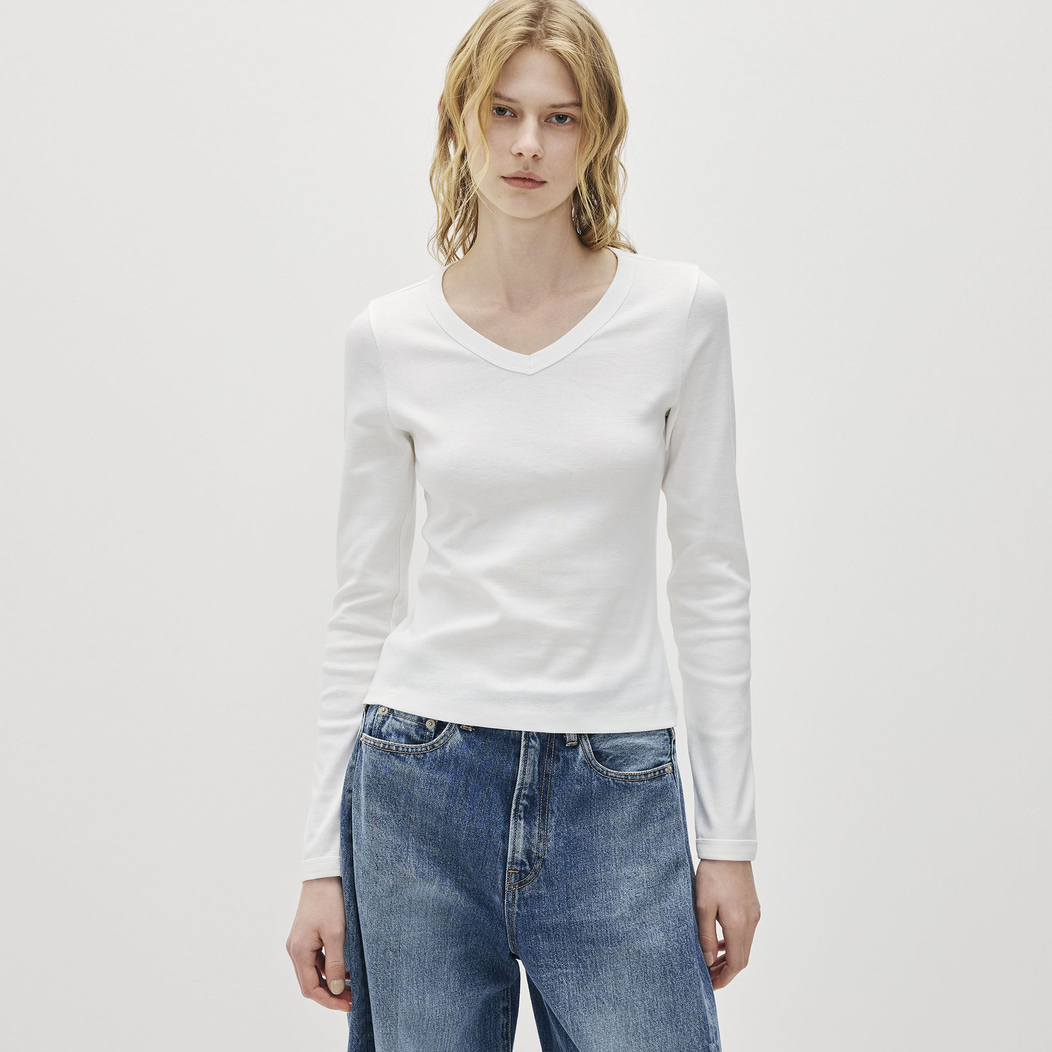 FLORE FLORE JILL コットン VネックロングスリーブTシャツ