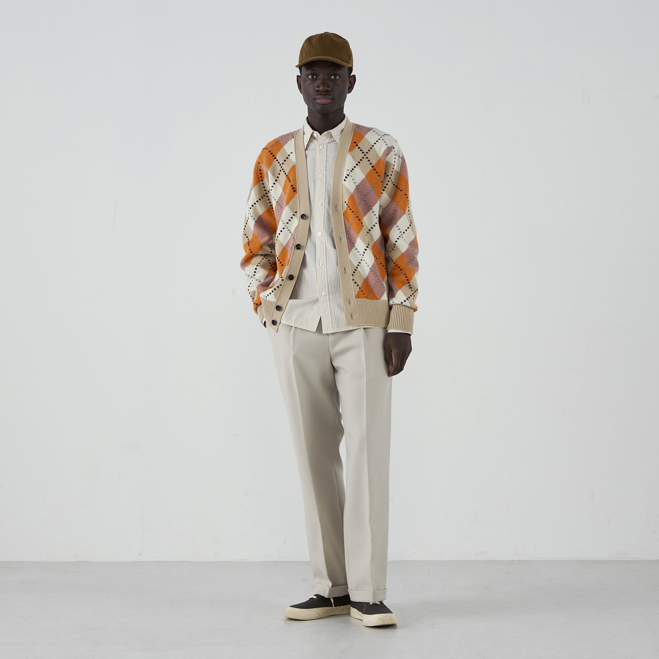 ラムウール インターシャアーガイル Vネックカーディガン