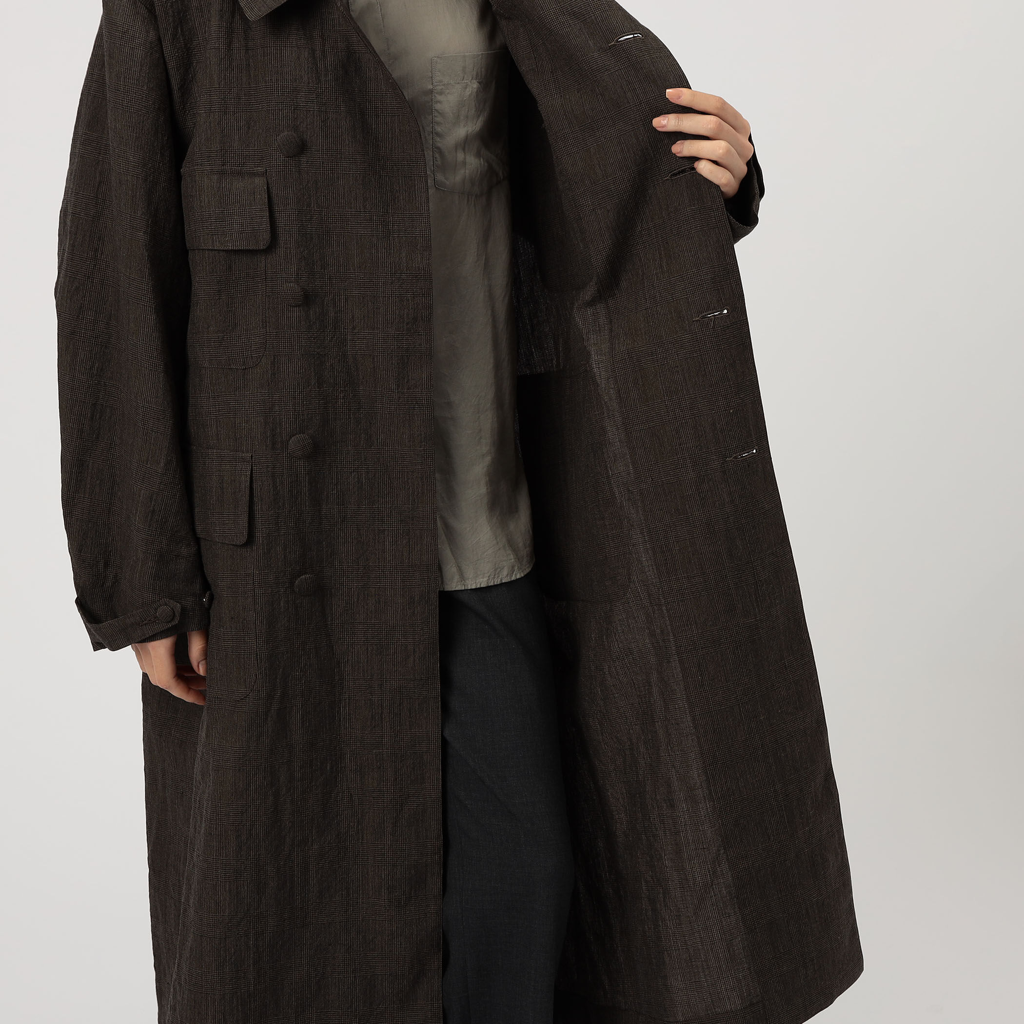 未使用美品　Haver Sack ATTIRE フード付きウールコート HAVERSACK ウールリネングレンチェック アトリエコート