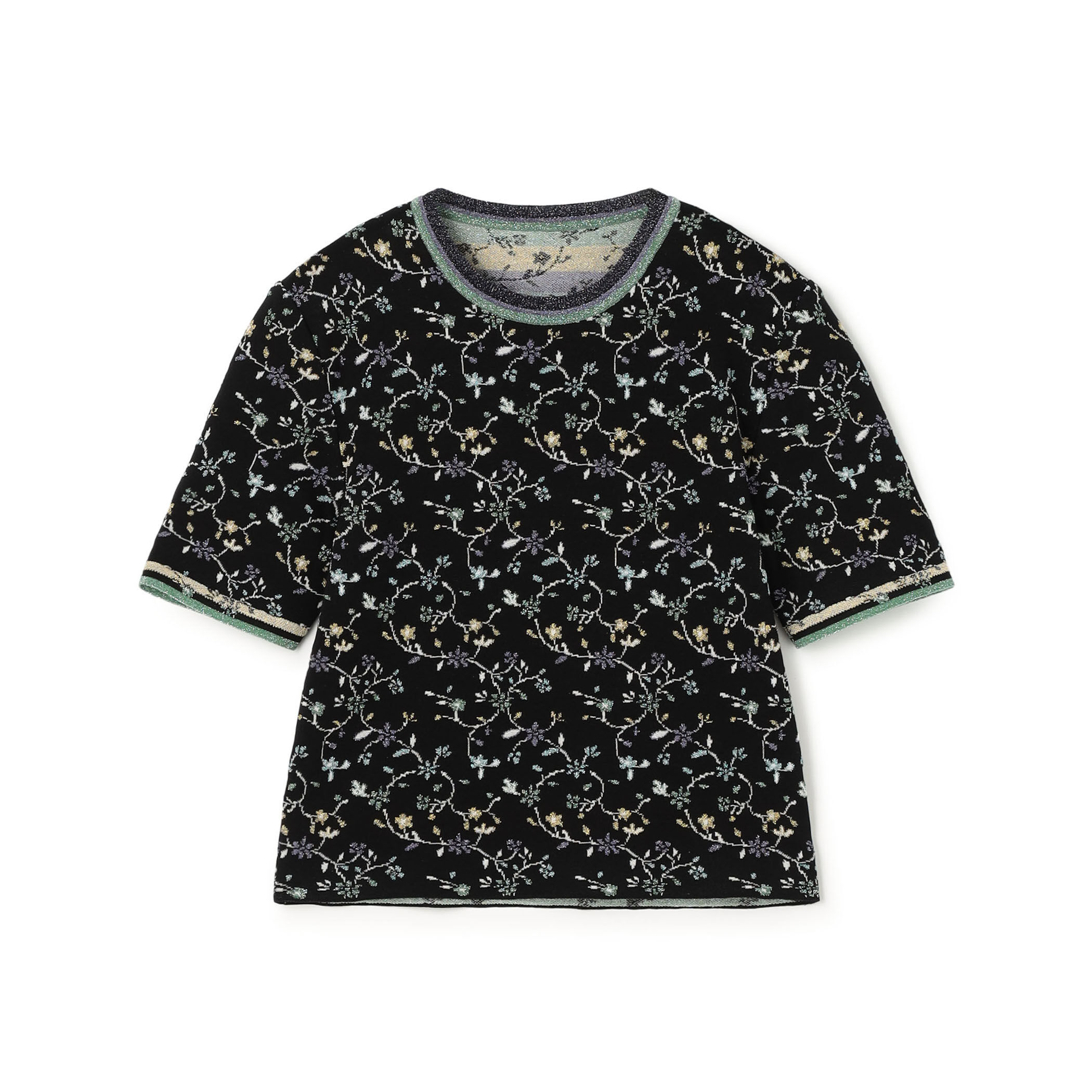 Mame Kurogouchi Floral Motif Glitter Short Sleeve Knit Top