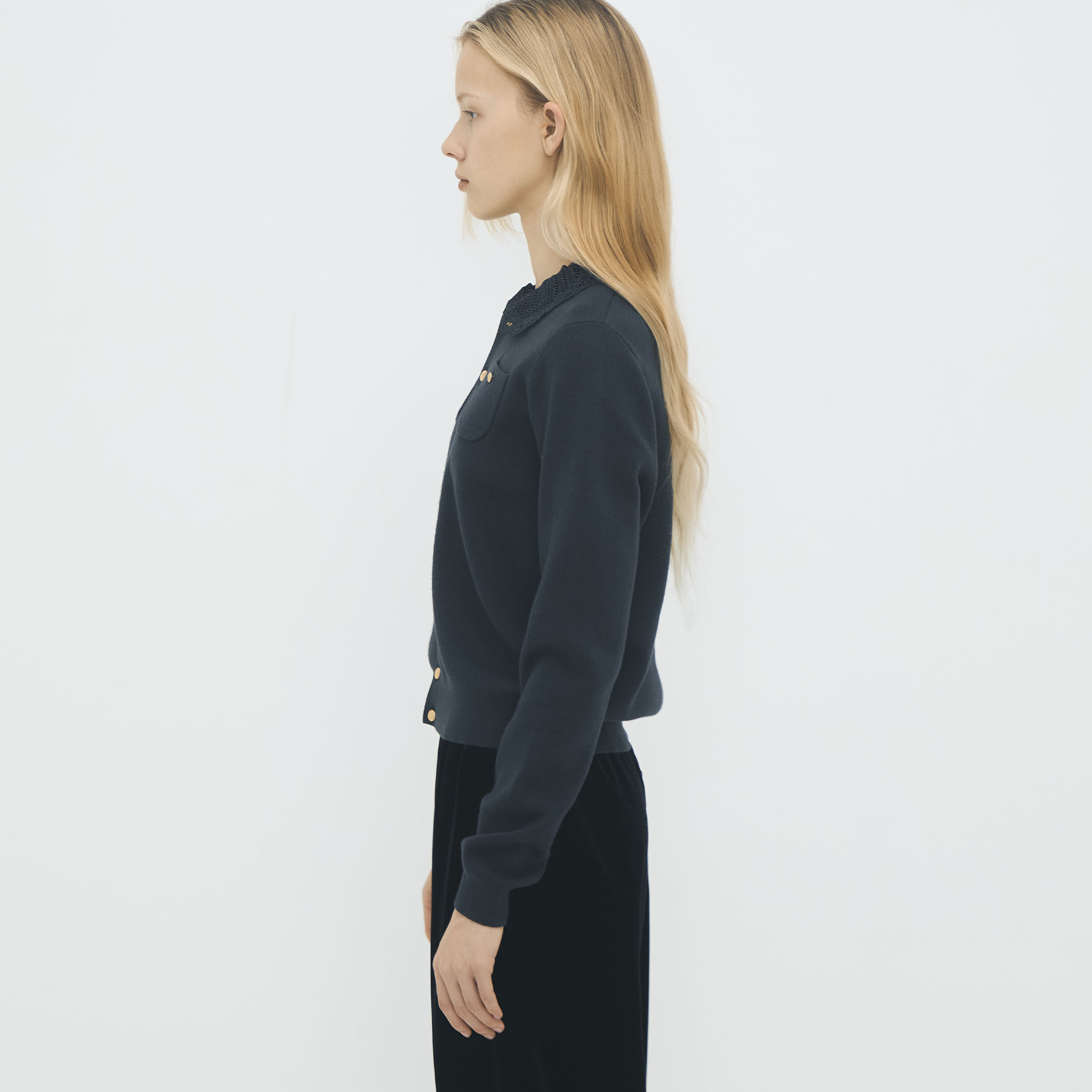 コットンカシミヤ レースコンビポケットカーディガン