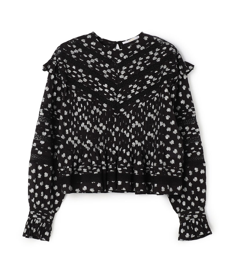 コットンボイルプリント ピンタックフリルブラウス