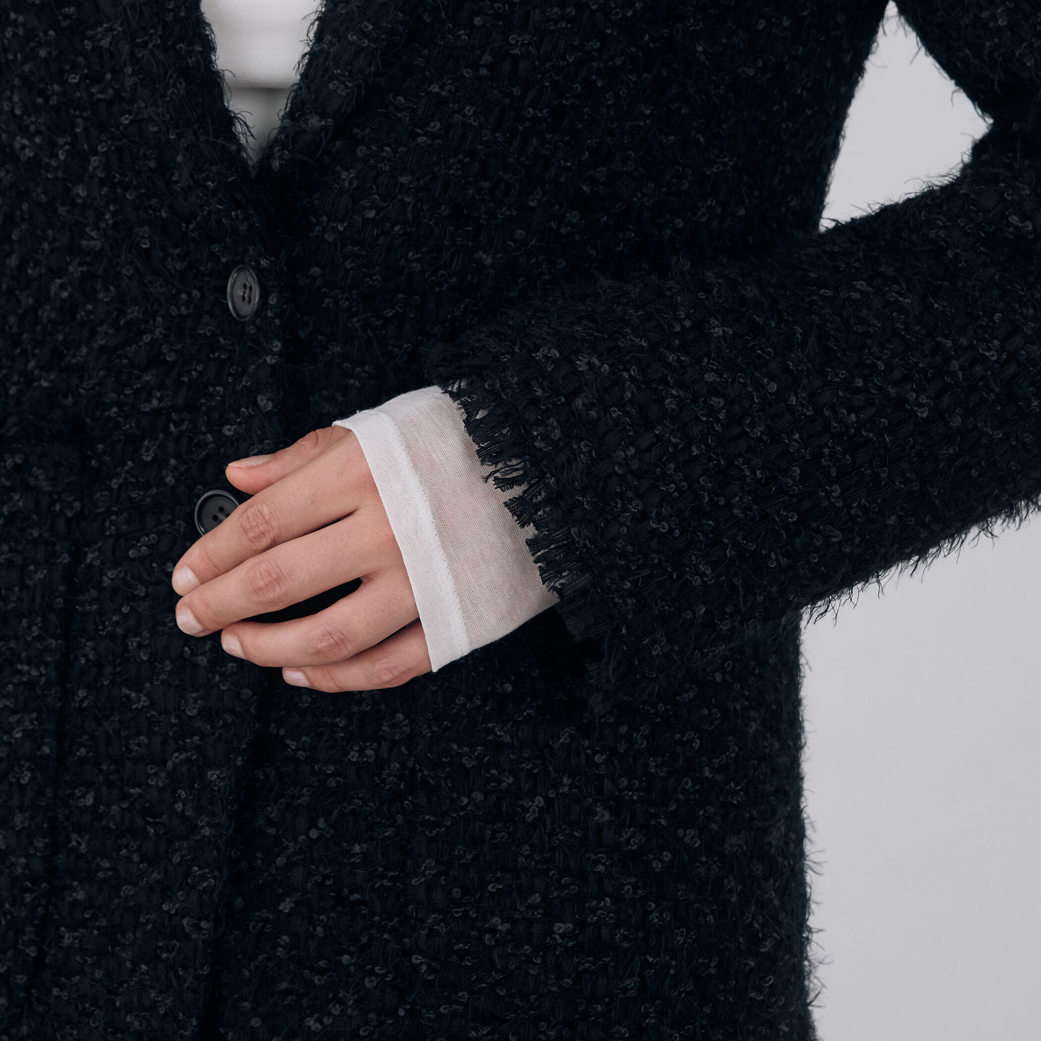 ヘアリーループツイード ショールカラージャケット｜トゥモローランド