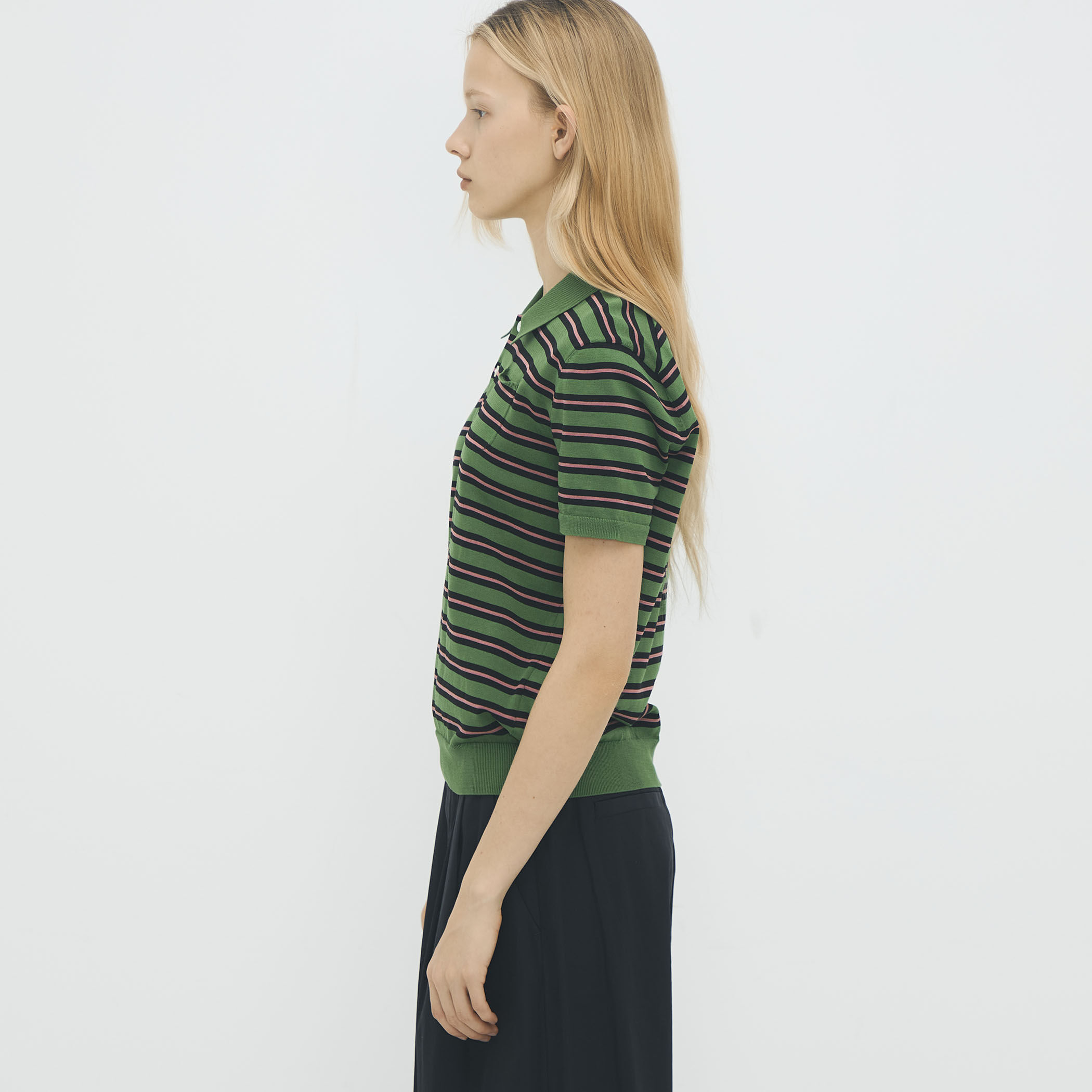 コットンストライプ ポロハーフスリーブプルオーバー