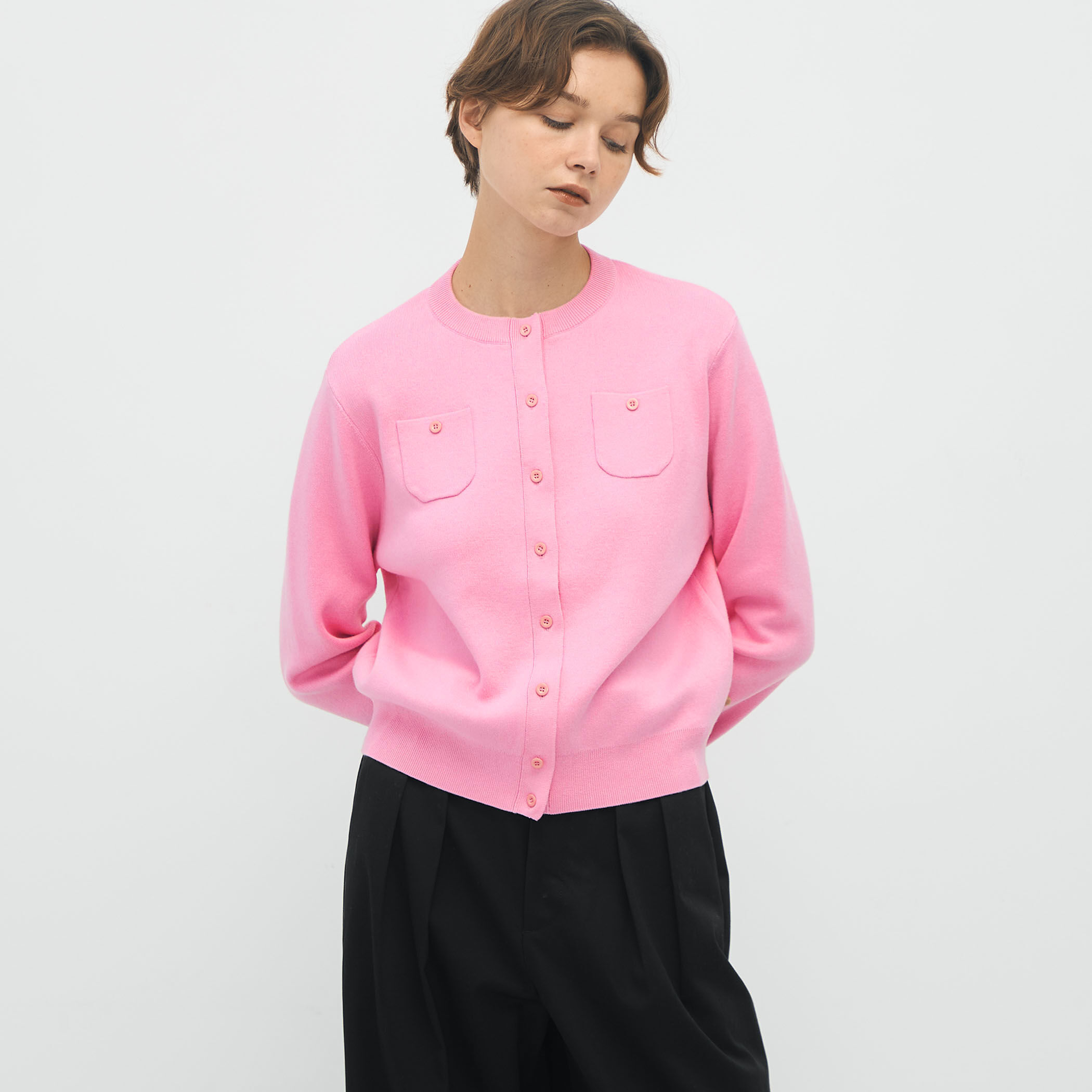 ギャルリーヴィー カシミヤ100% クルーネックカーディガン ピンク コットンカシミヤ クルーネックカーディガン｜トゥモローランド 公式通販