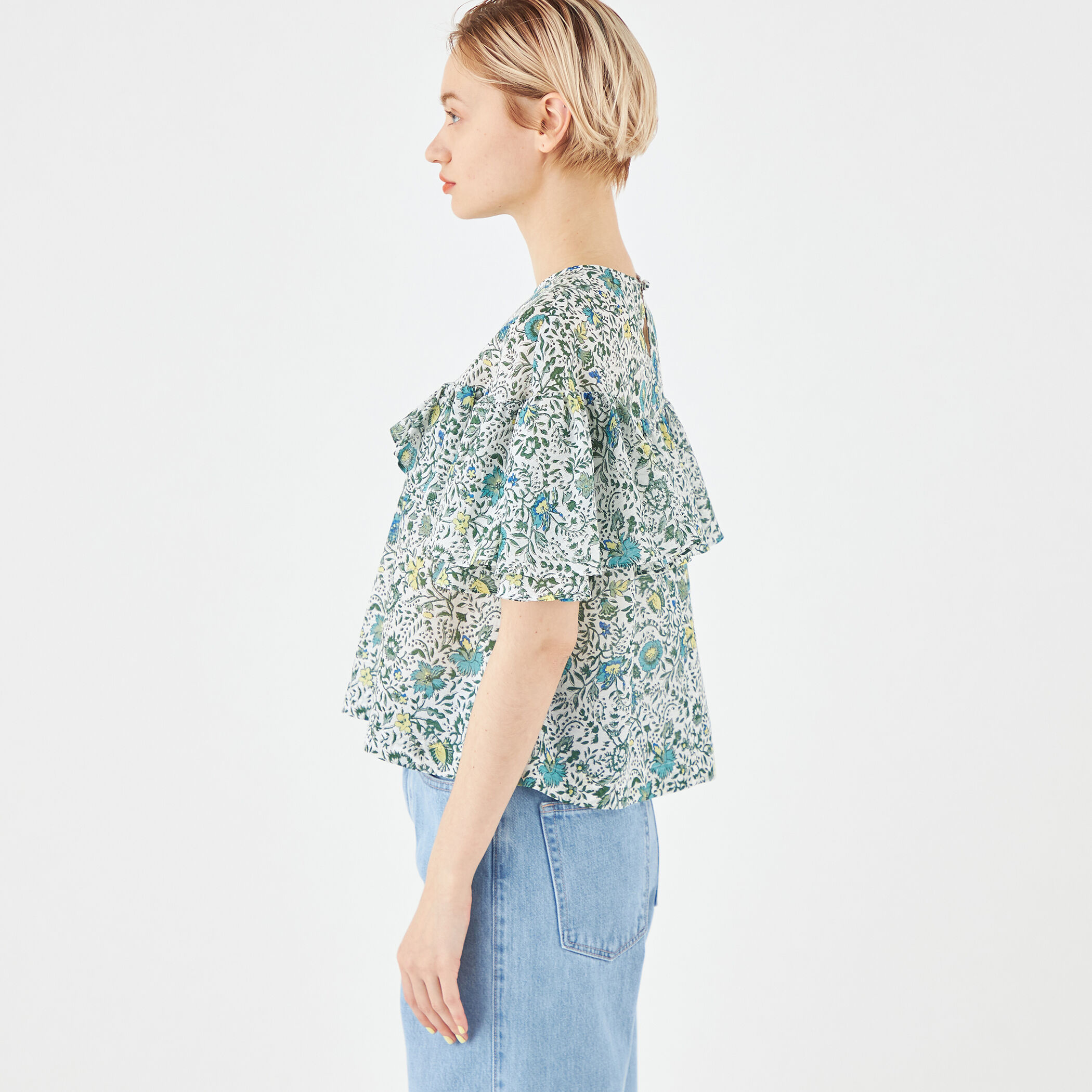 SOULEIADO◆24SS/コットンラミープリント フレアスリーブブラウス/36/コットン/GRN/75-01-42-01604 コットンラミープリント フレアスリーブブラウス
