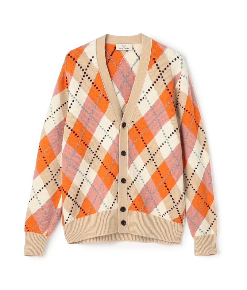 ラムウール インターシャアーガイル Vネックカーディガン