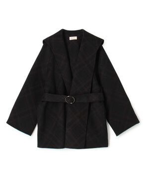 ダブルフェイスチェックジャガード フーディーミディコート