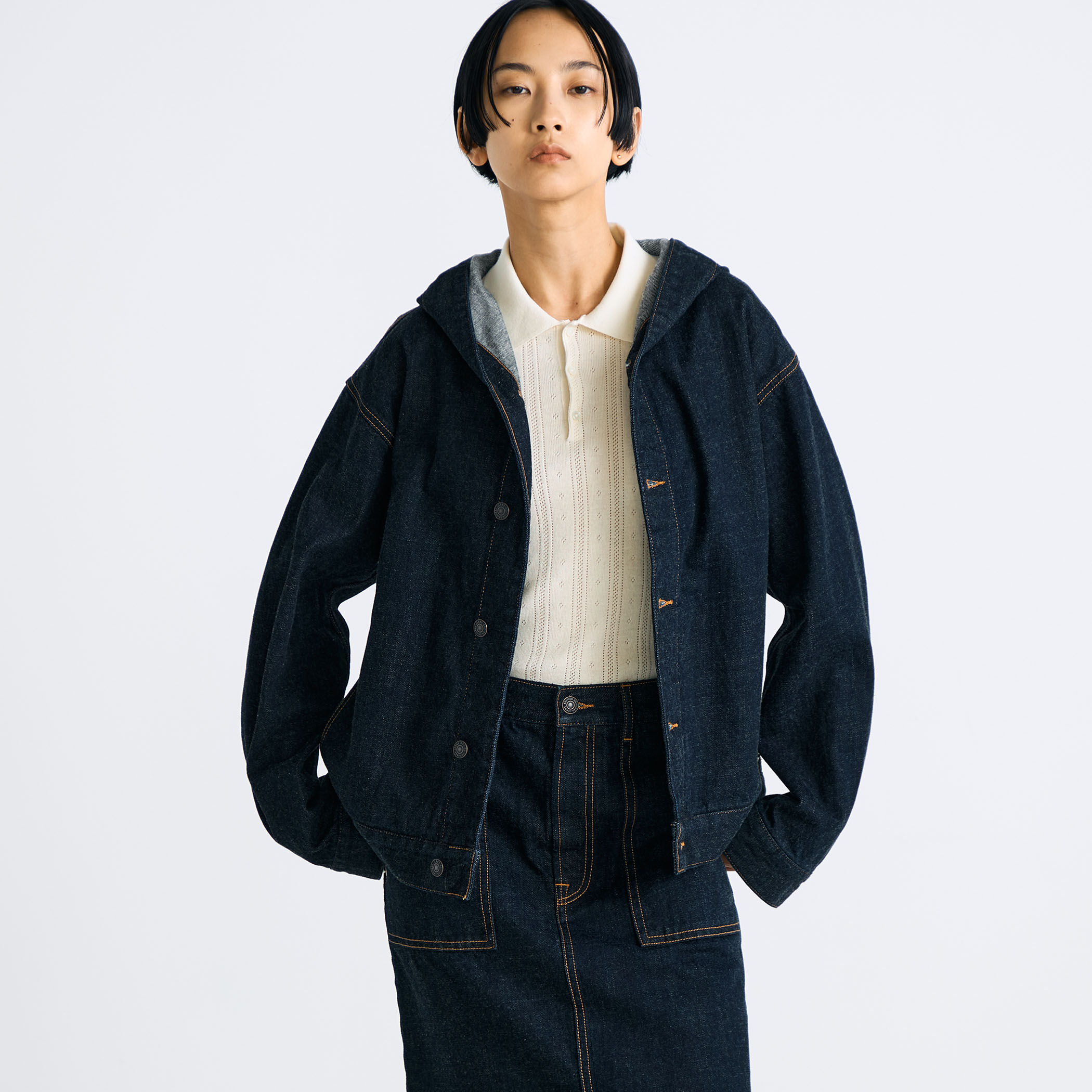 ワンウオッシュ エッセンシャルデニム フーデットブルゾン