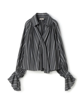 コットンストレッチポプリン ハイネックギャザーブラウス