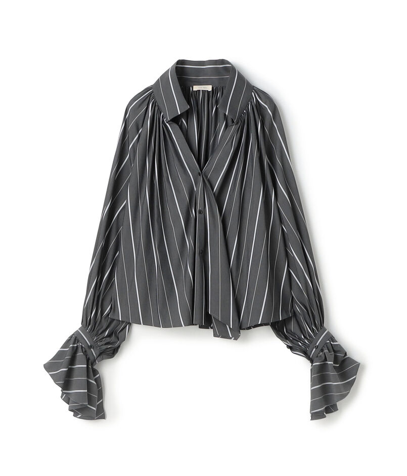 コットンストレッチポプリン ハイネックギャザーブラウス