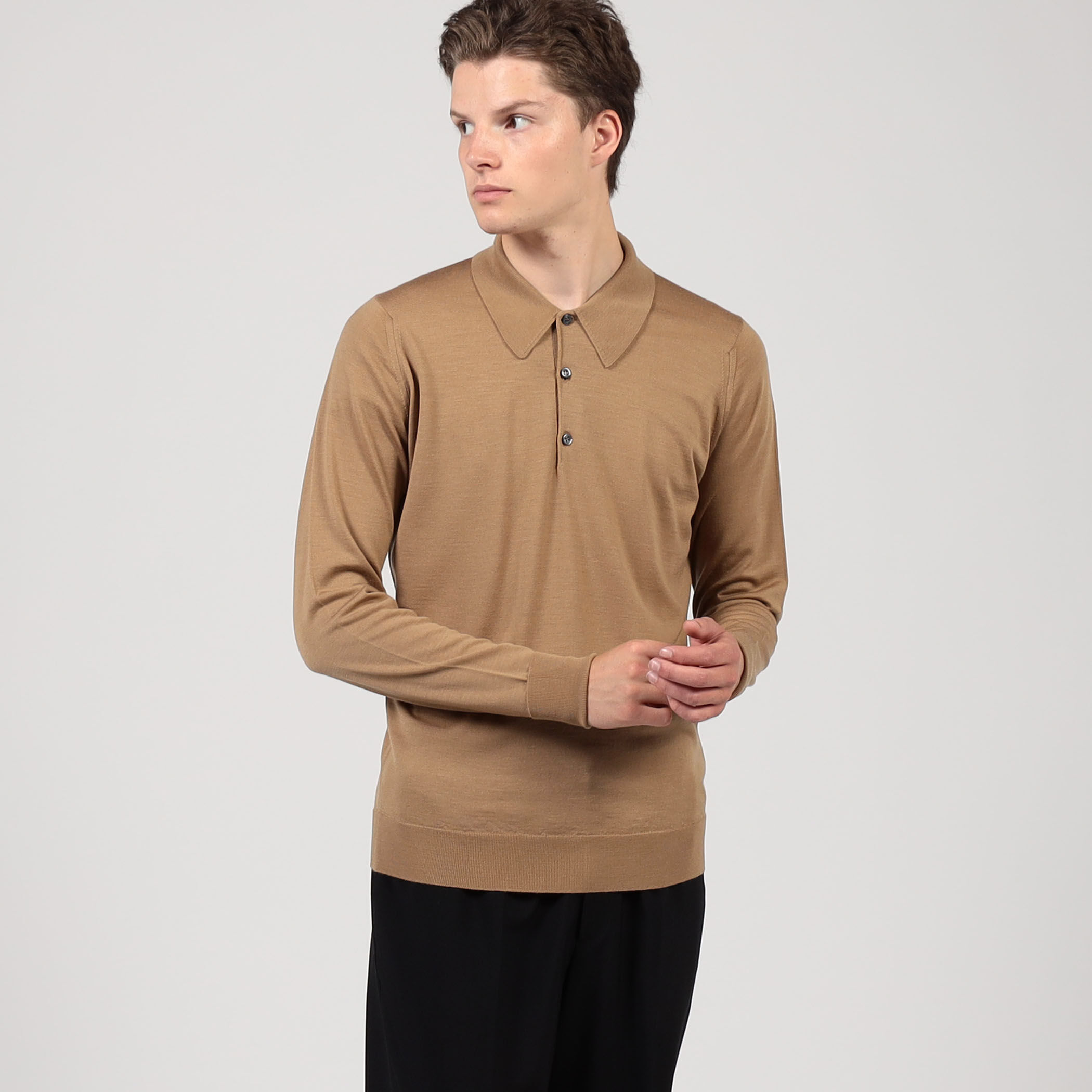 イギリス製 john smedley ニットポロ M ブラウン メリノウール JOHN SMEDLEY 30G EASY FIT ウール ニットポロシャツ DORSET