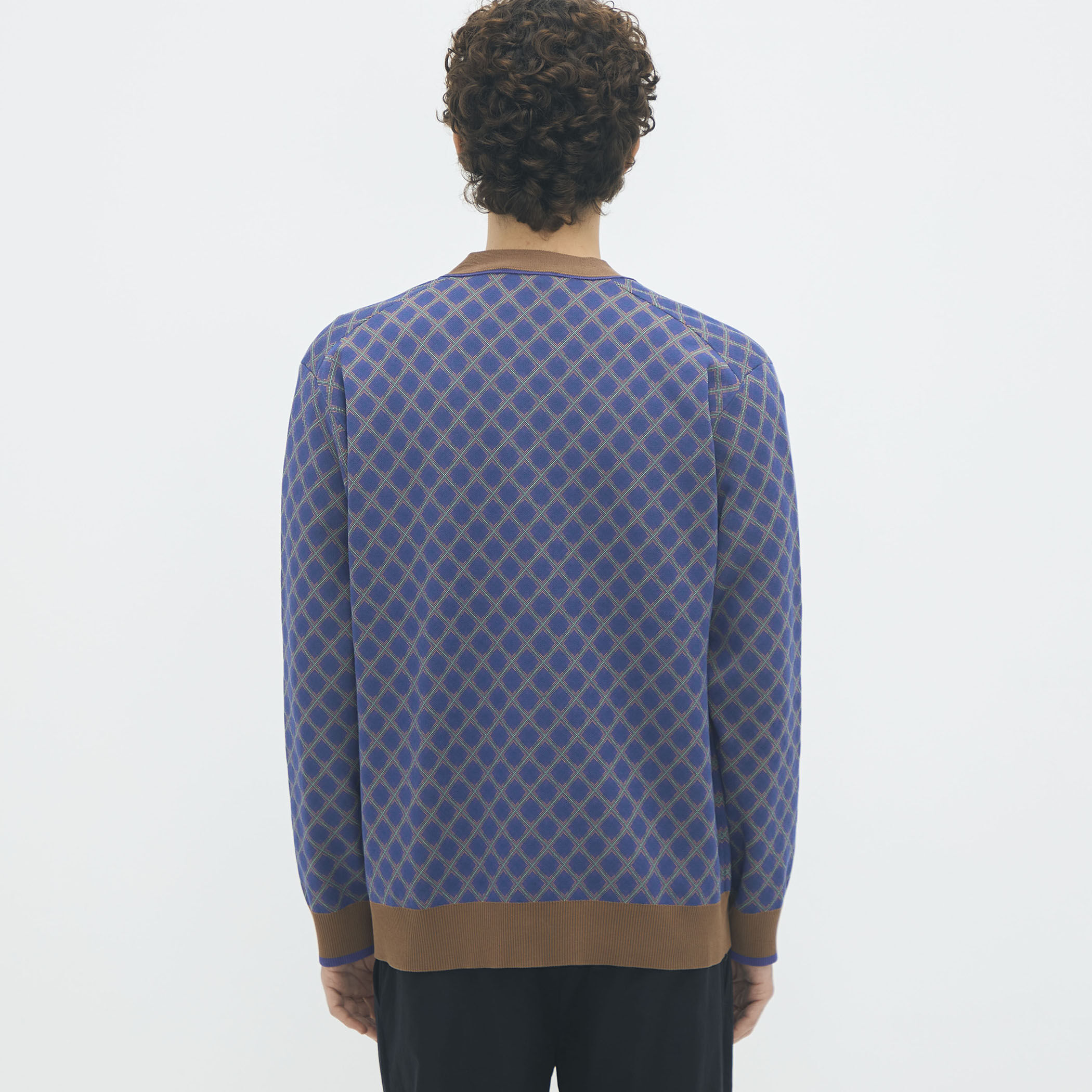 コットンポリエステル チェックジャカード Vネックカーディガン