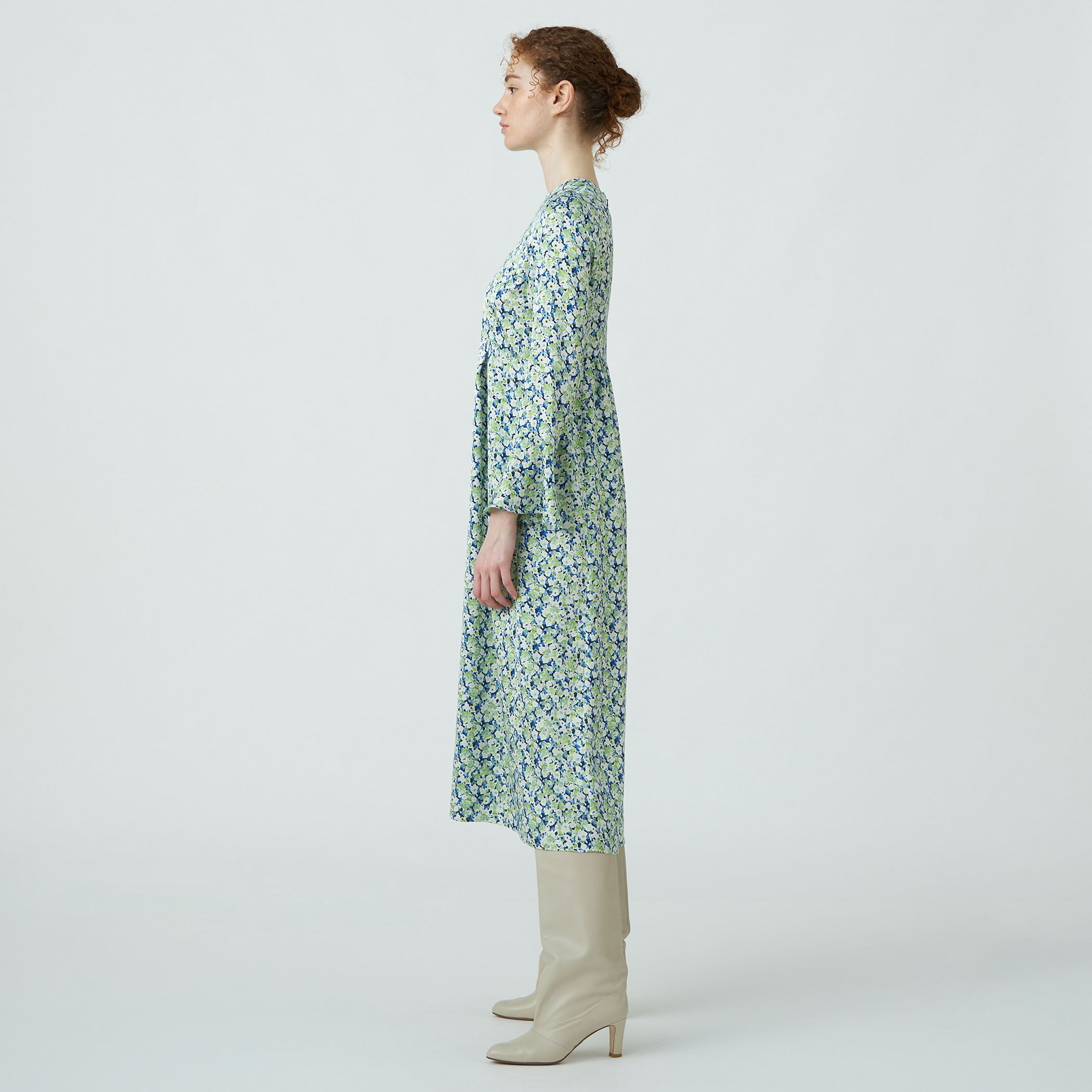 【最終価格】・ボールジィ　ブルーリーフラワープリントフレアカフスワンピース ブルーリーフラワープリント フレアカフスワンピース