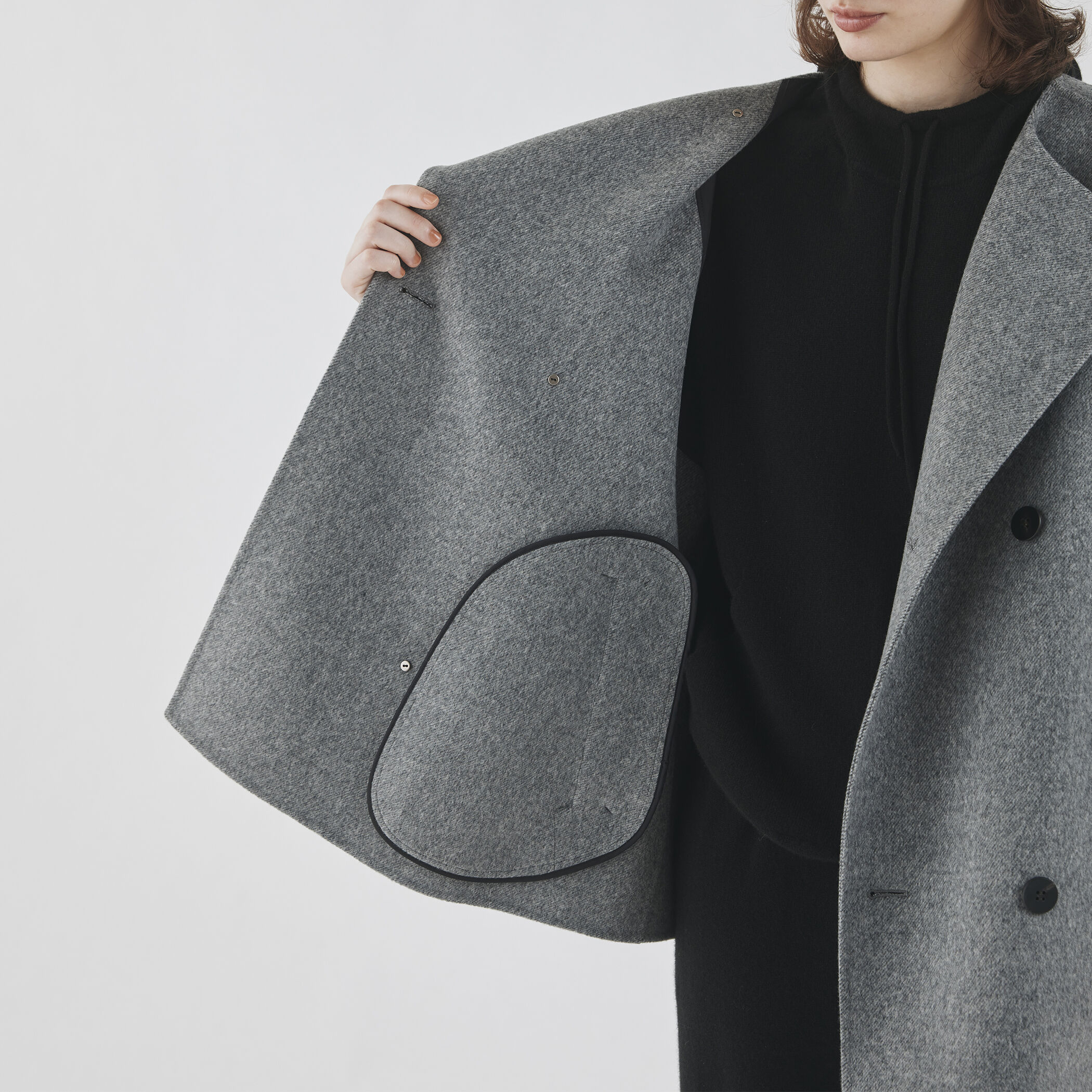 ウールダブルフェイス カラーレス ショートトレンチコート