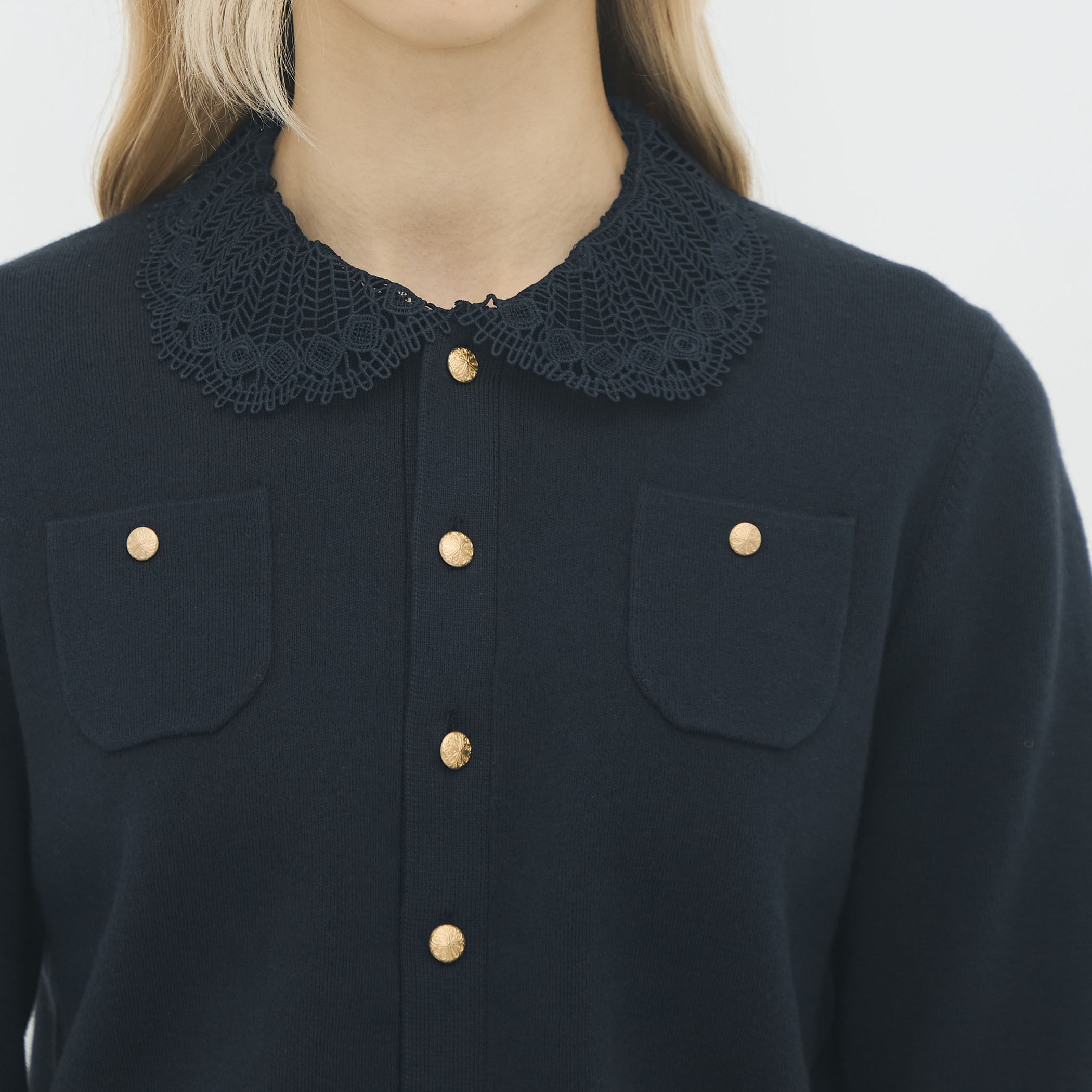 コットンカシミヤ レースコンビポケットカーディガン