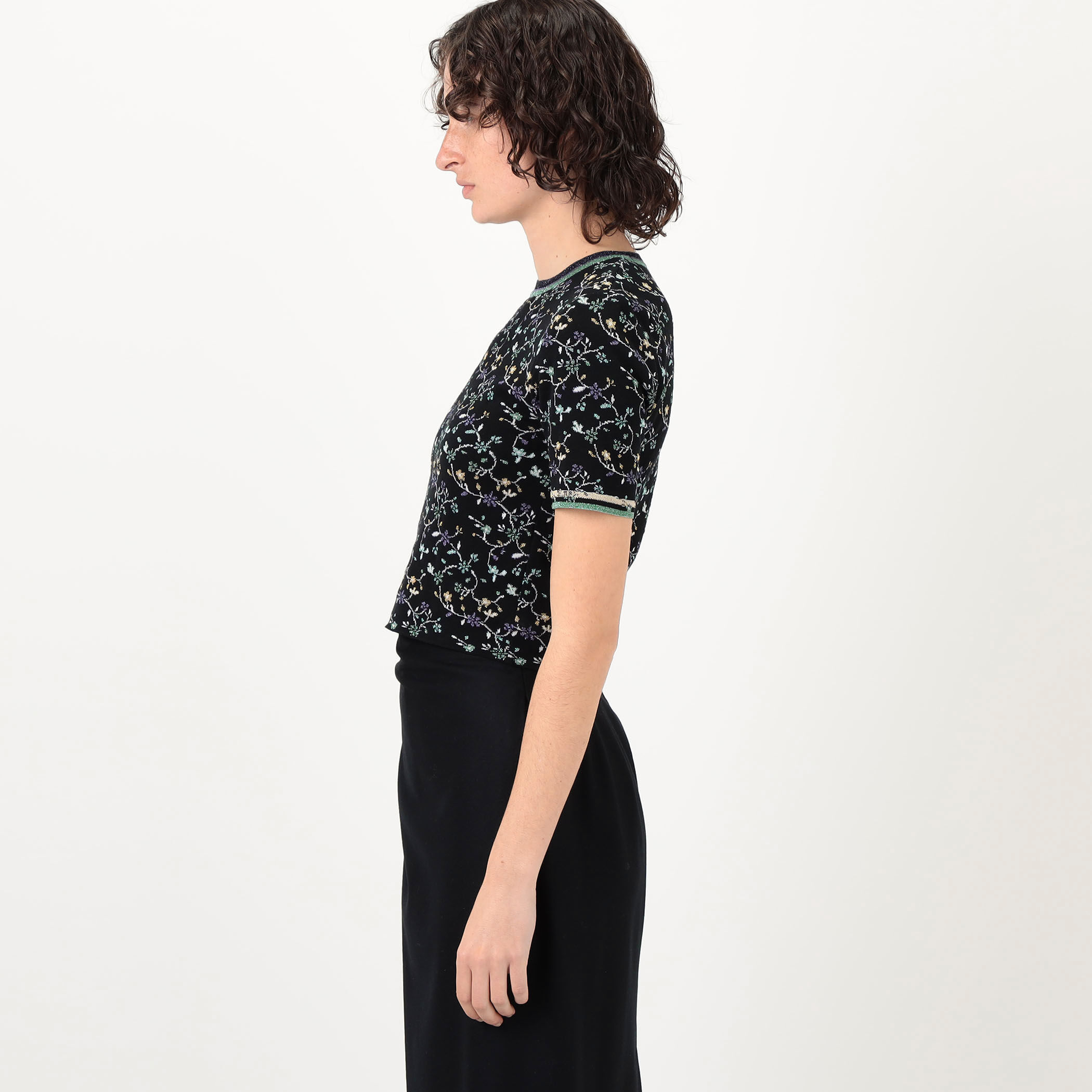 Mame Kurogouchi Floral Motif Glitter Short Sleeve Knit Top