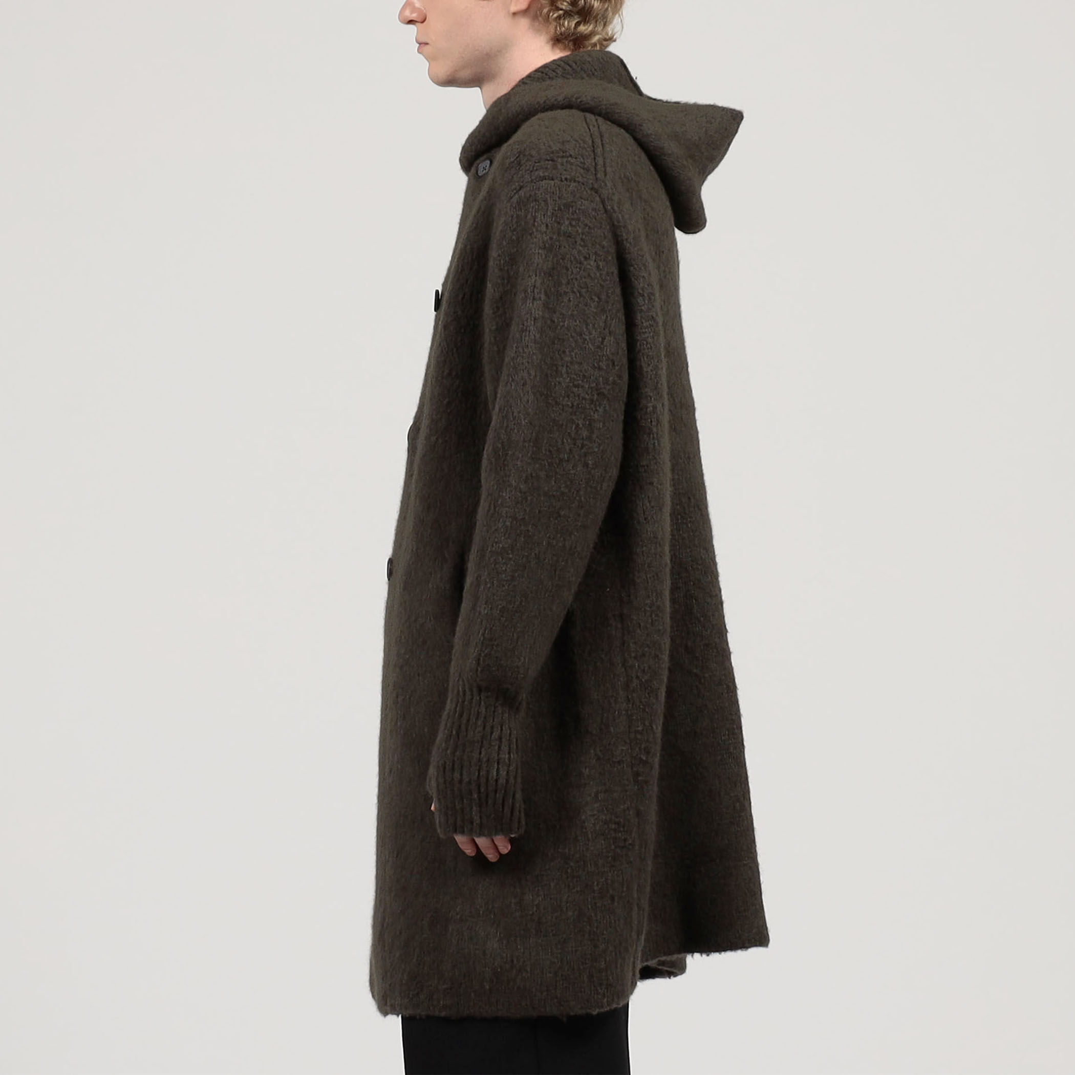 ウール カシミヤ シルク フーデット ダブルブレスト ニットコート