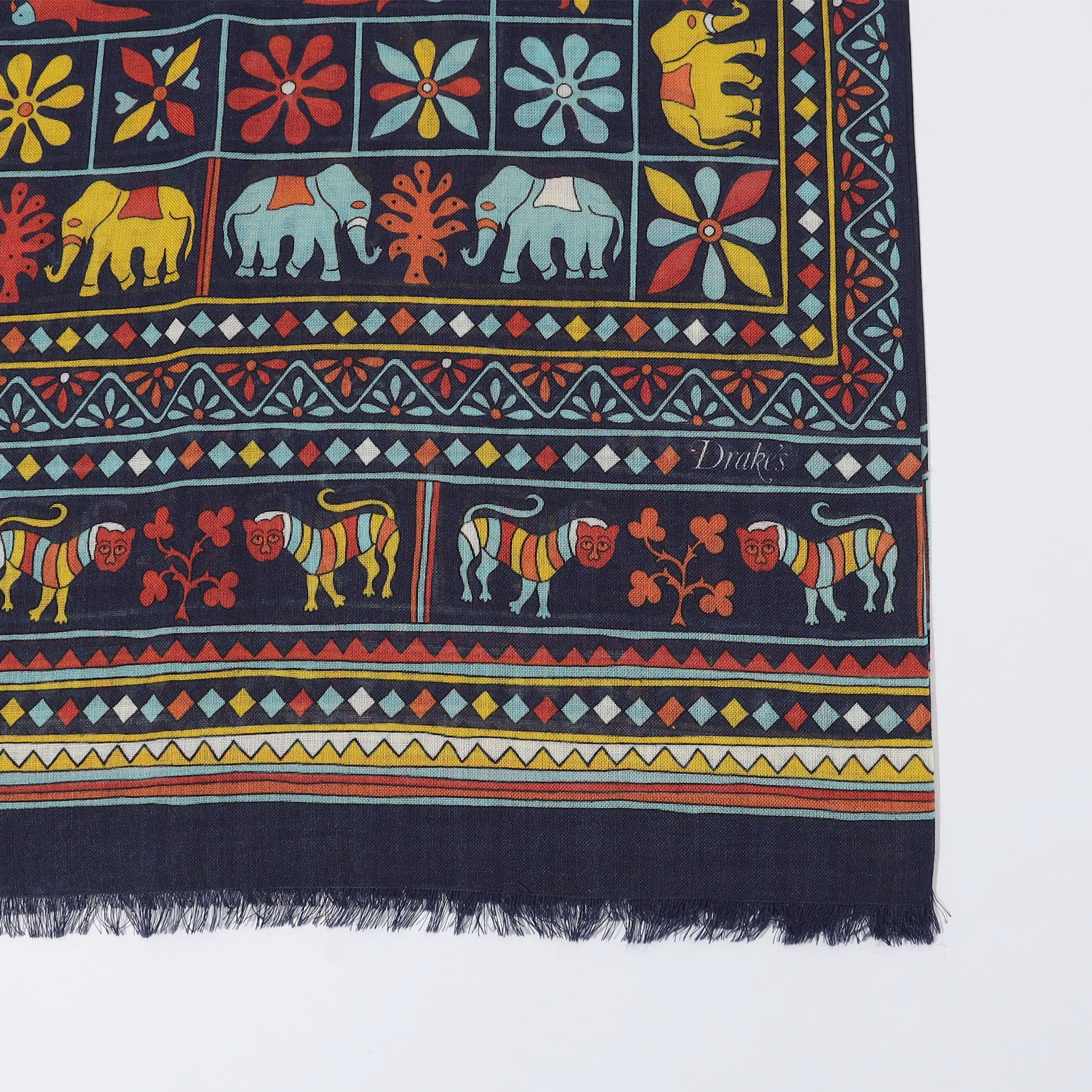 Drake's ELEPHANTS AND FLOWERS PRINT SCARF ウールシルクプリント