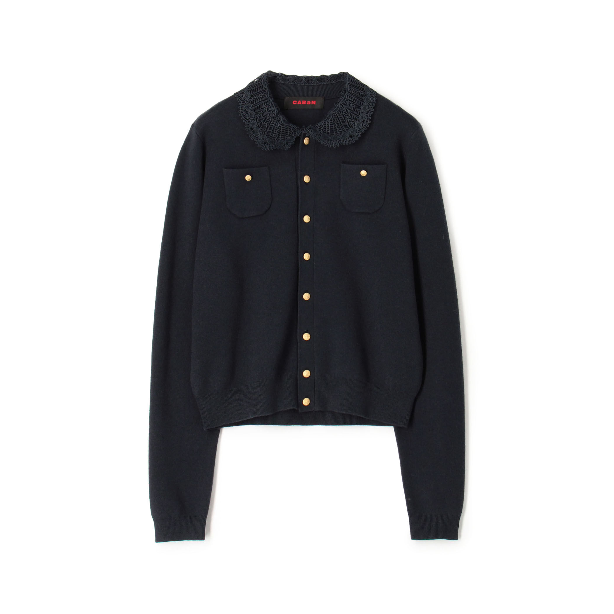 CABaN コットンカシミヤ 襟付きカーディガン ブラック×グリーン サイズF コットンカシミヤ レースコンビポケットカーディガン