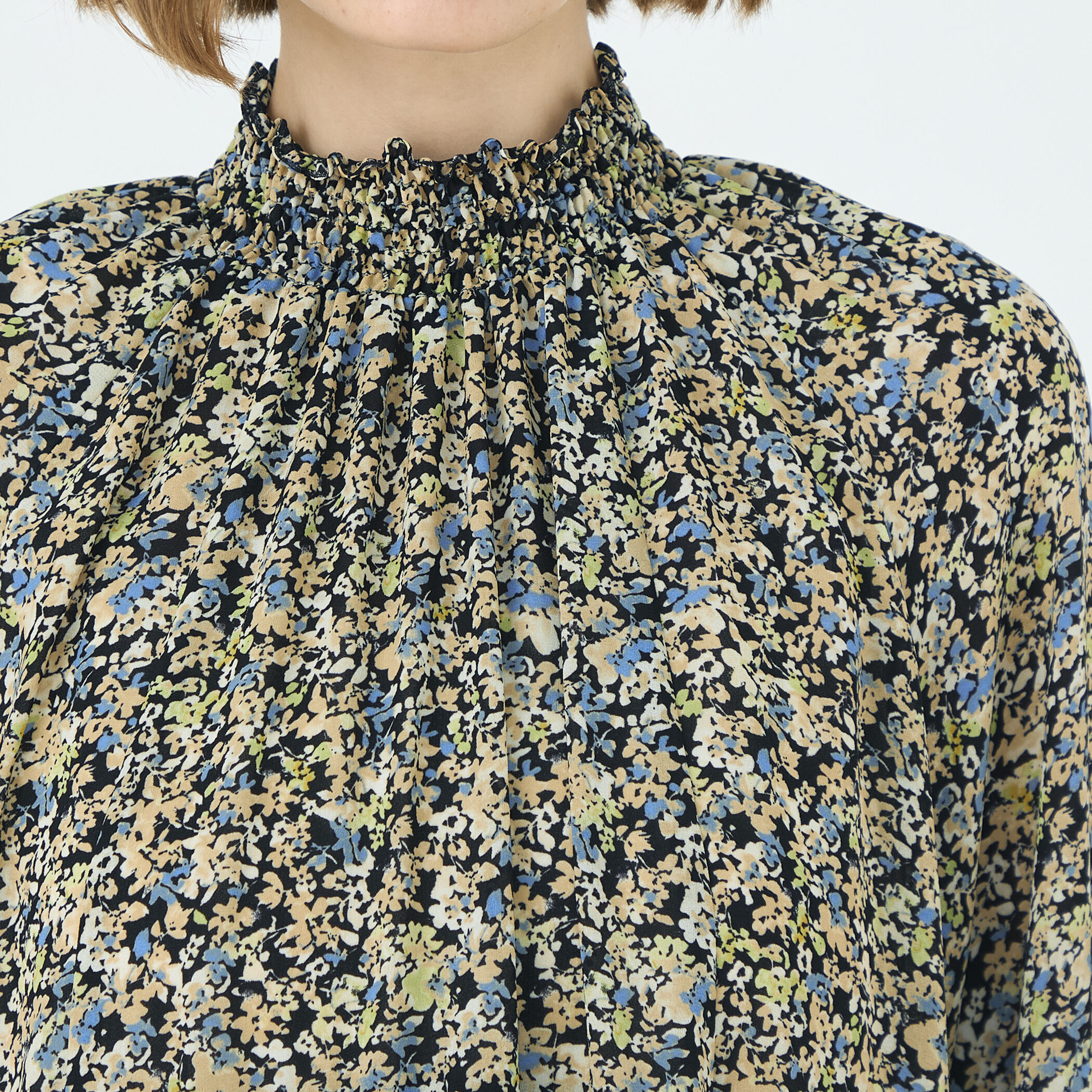 ブローフラワープリント シャーリングロングワンピース