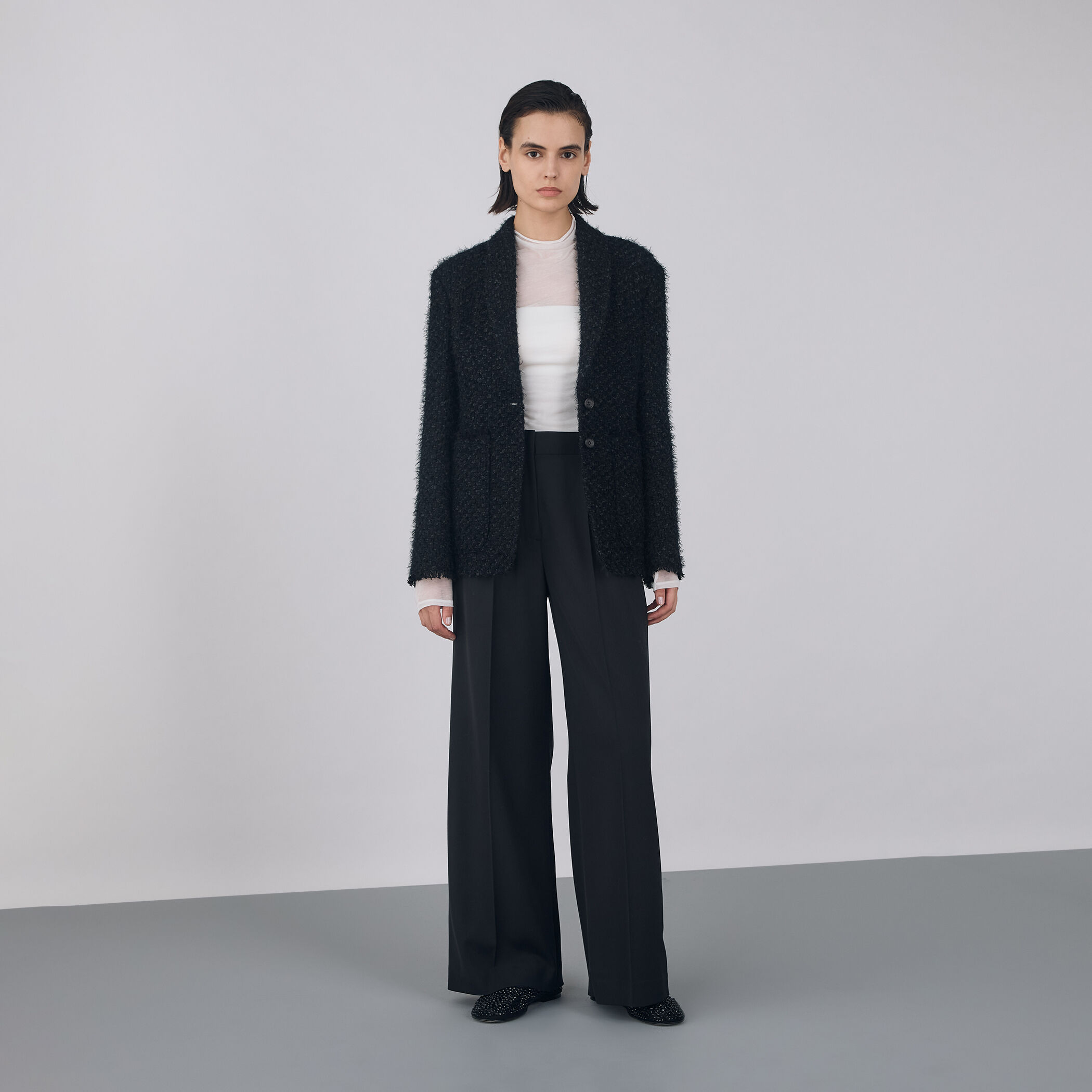 ヘアリーループツイード ショールカラージャケット｜トゥモローランド