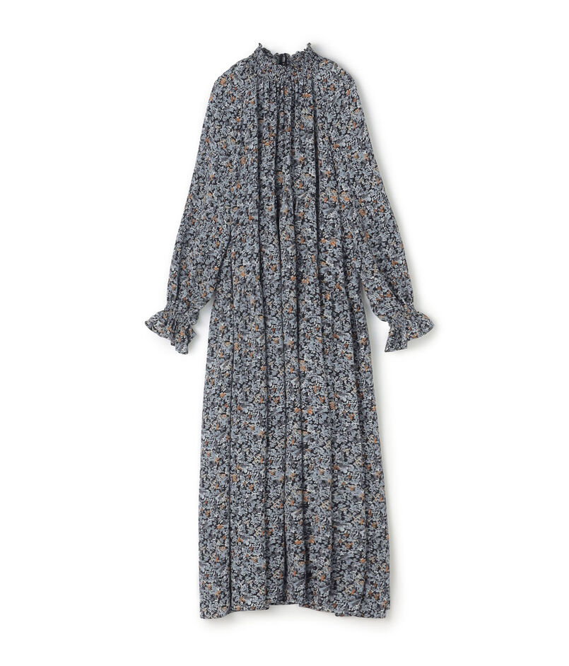 ブローフラワープリント シャーリングロングワンピース