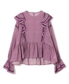 コットンレーヨンプリント ペプラムレースブラウス