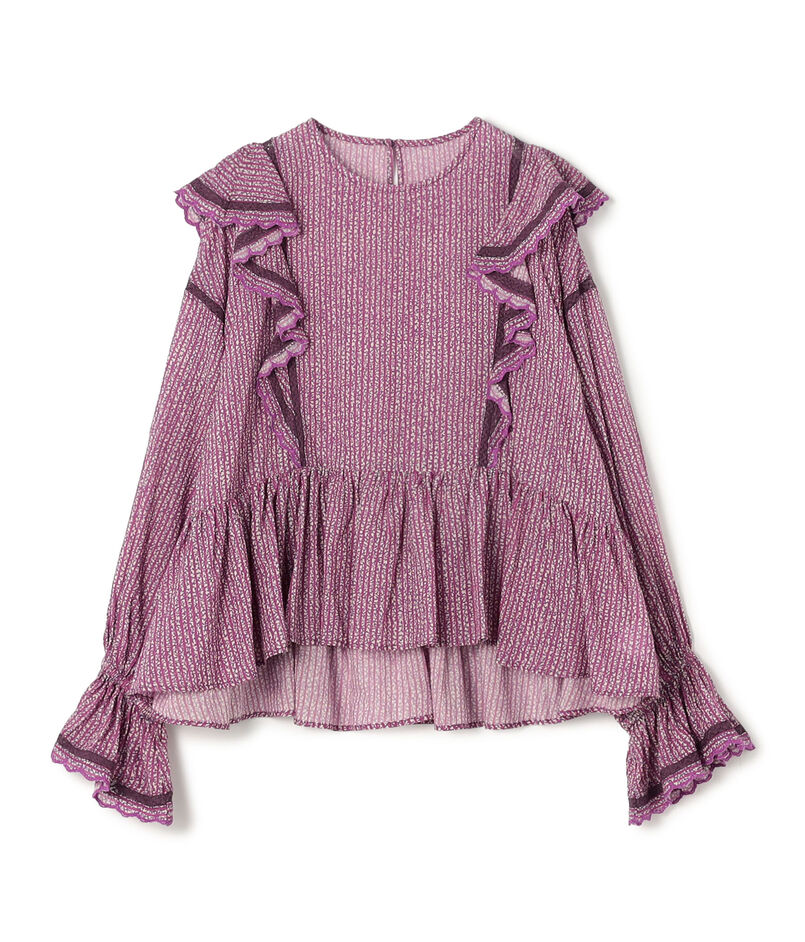 コットンレーヨンプリント ペプラムレースブラウス