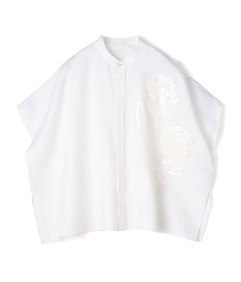 リブコンビフレンチリネンエンブロイダリー バンドカラーシャツ