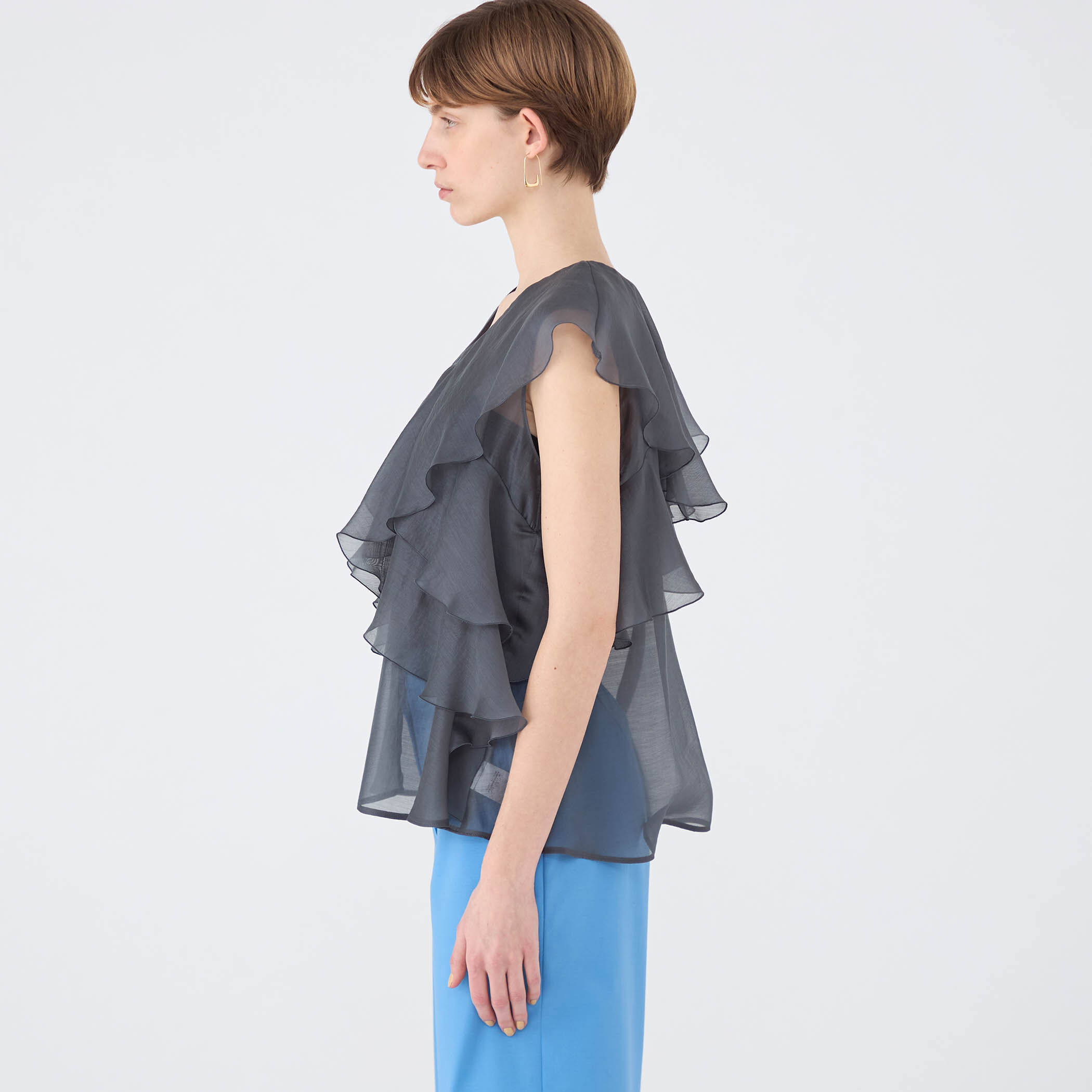 セルロースポリエステルオーガンジー フリルブラウス