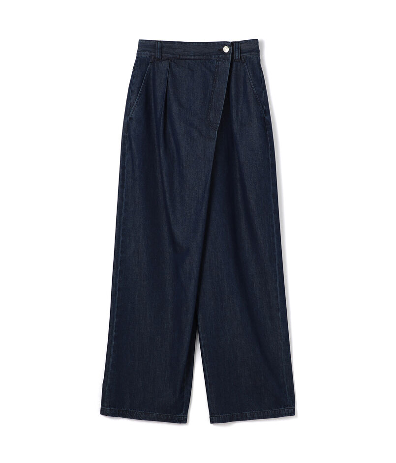 コットンセルロースデニム アシンメトリータックパンツ