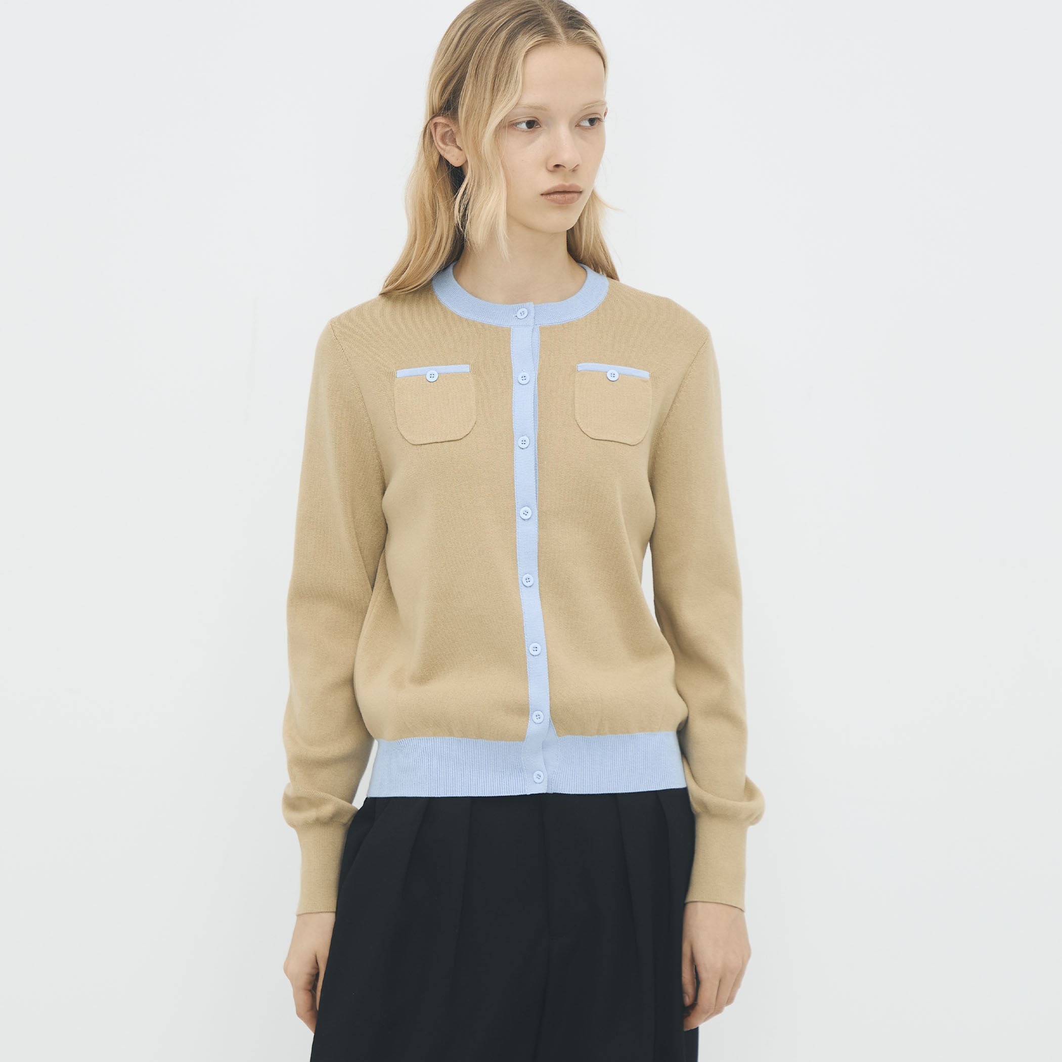 コットンカシミヤ バイカラークルーネックカーディガン