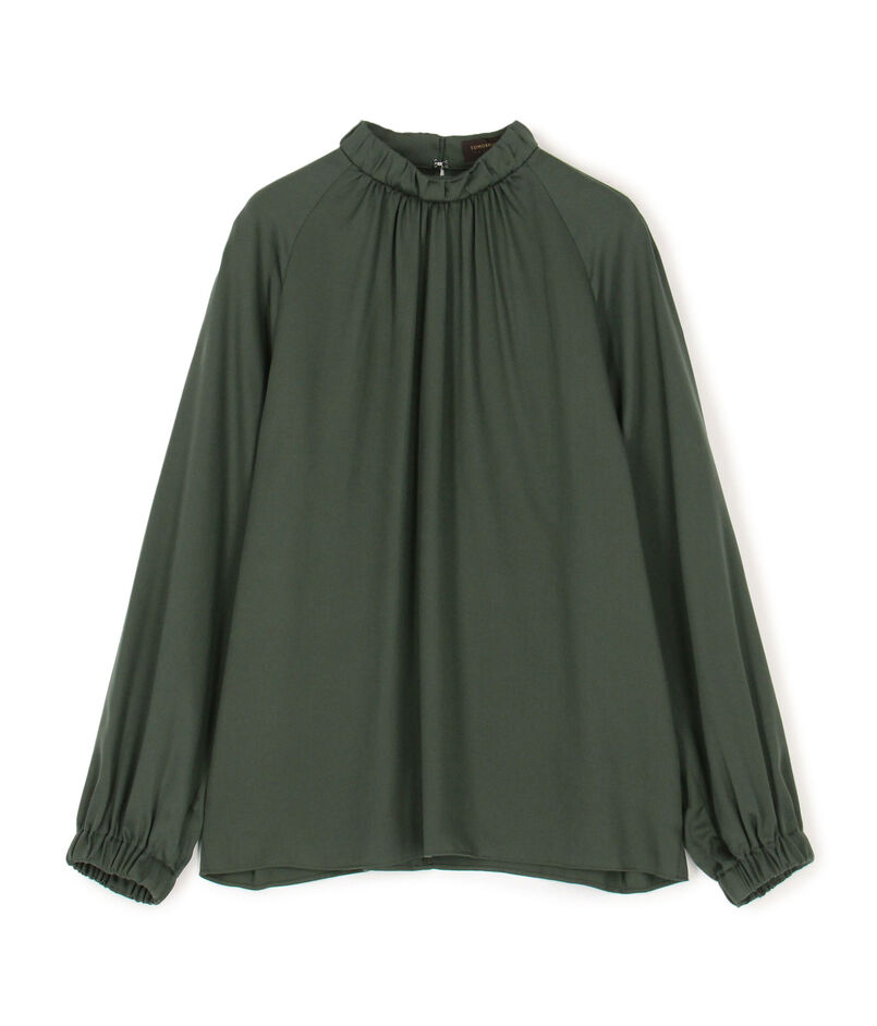 ウォッシャブルサテン スタンドギャザーカラーブラウス