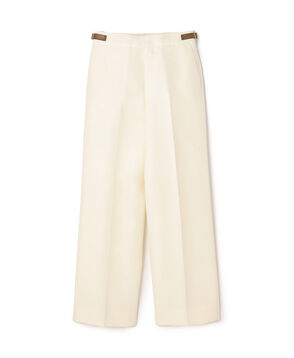 シルクウール サイドレザーベルトストレートパンツ