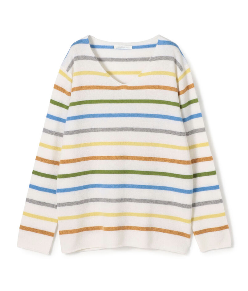 スコットランドカシミヤマルチボーダー Vネックプルオーバー