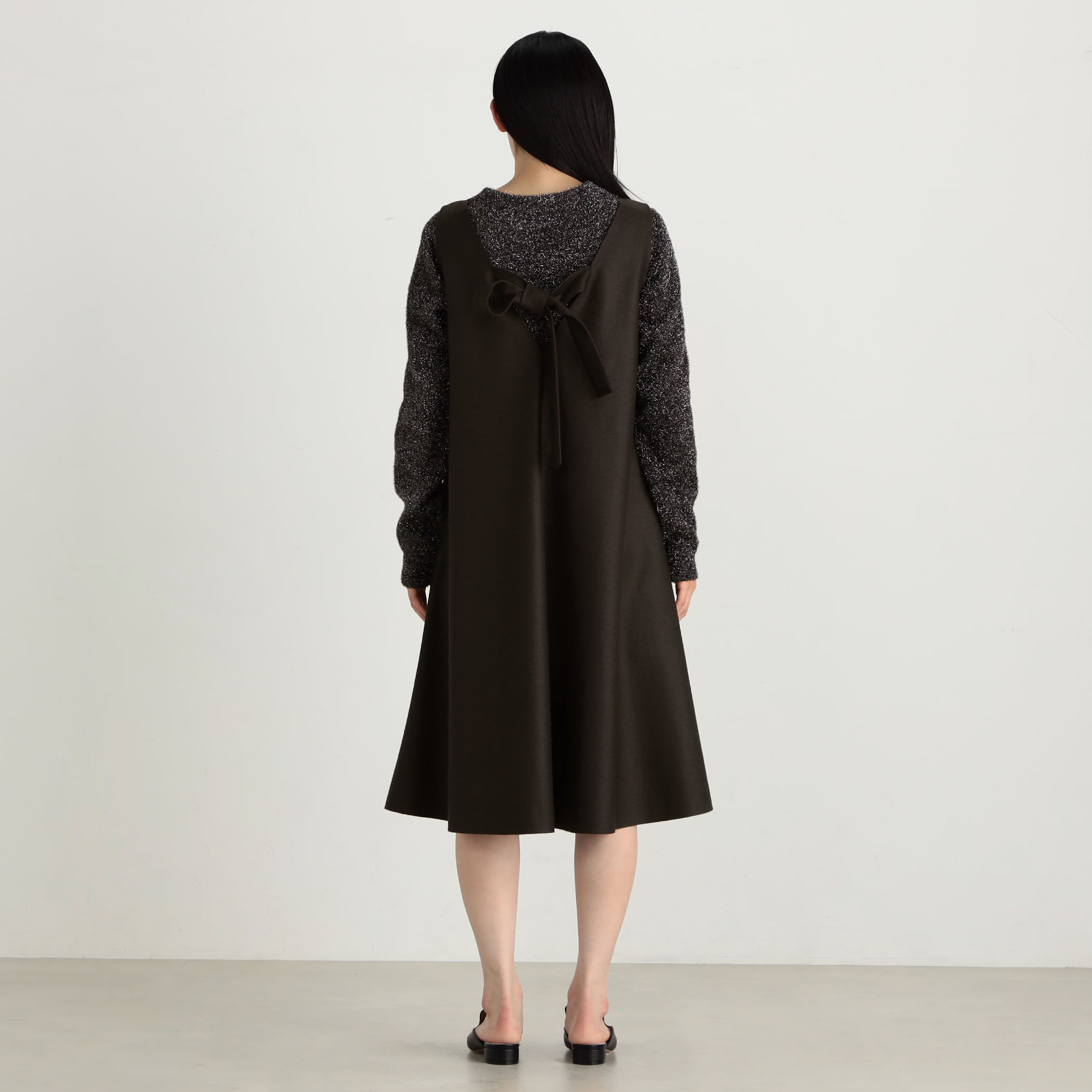 美品 M-PREMIER ウール ジャージー ワンピース 34 黒 ウールジャージー ノースリーブフレアワンピース