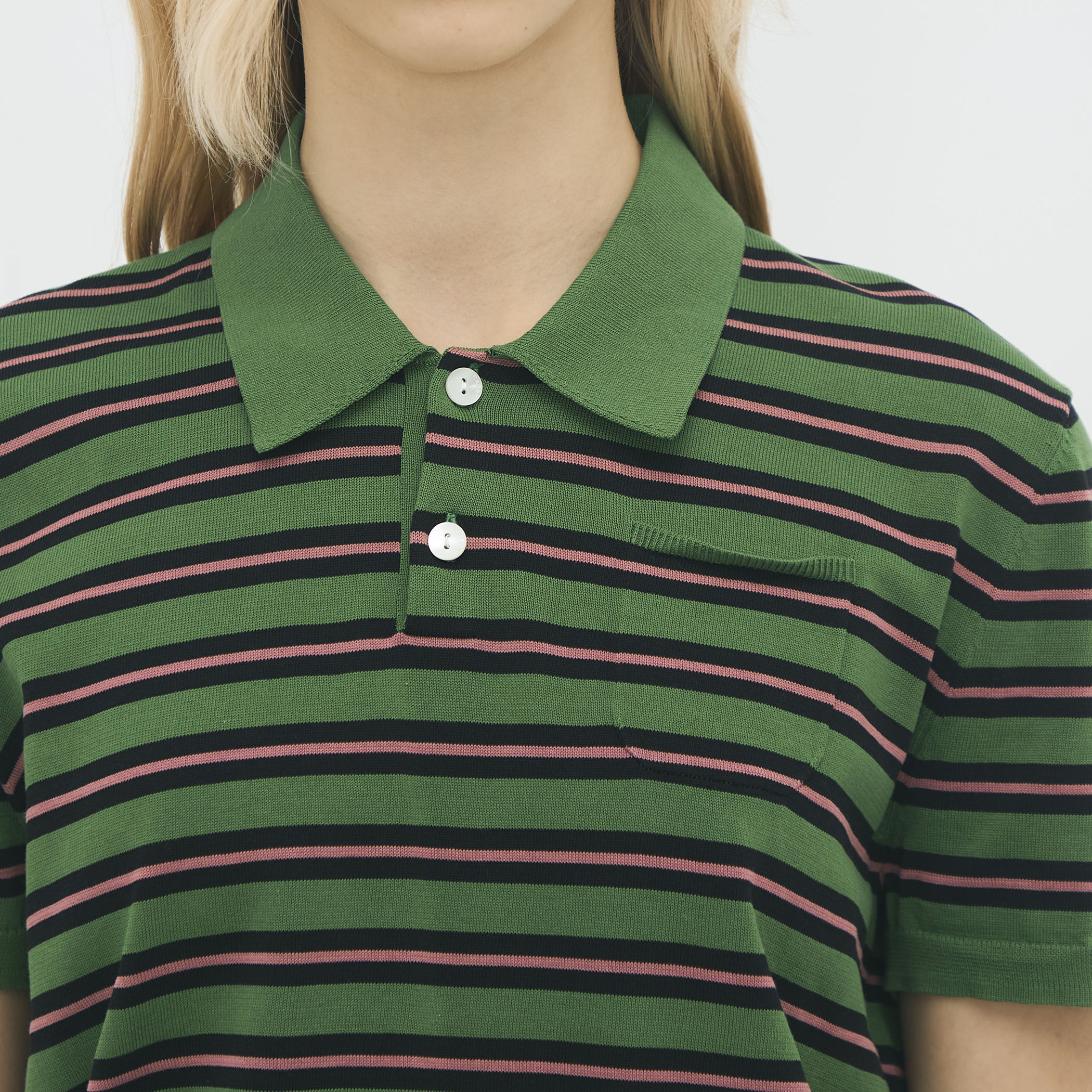 コットンストライプ ポロハーフスリーブプルオーバー