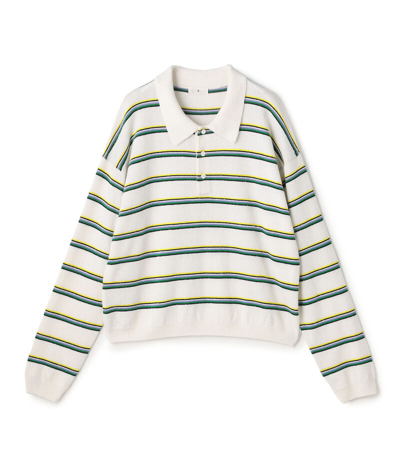 カシミヤシルク ボーダーポロプルオーバー