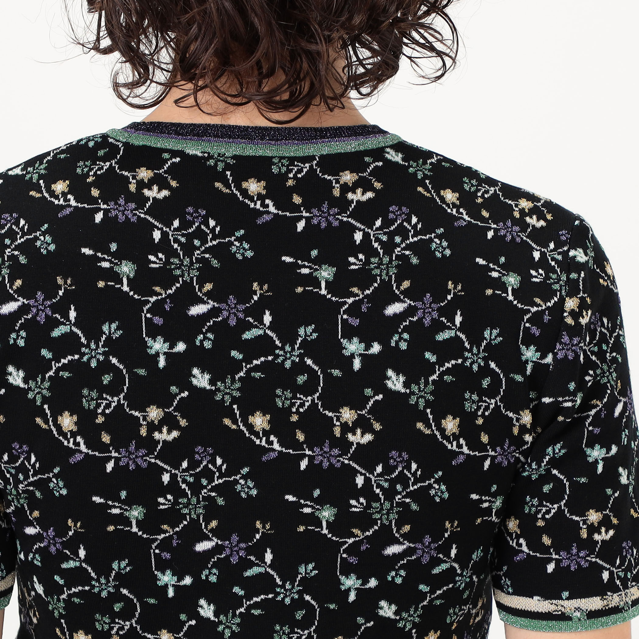 Mame Kurogouchi Floral Motif Glitter Short Sleeve Knit Top