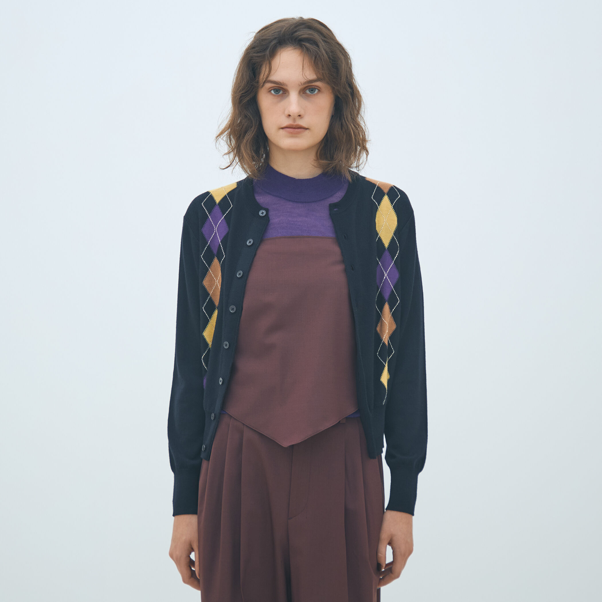 プレーンウールアーガイル クルーネックカーディガン