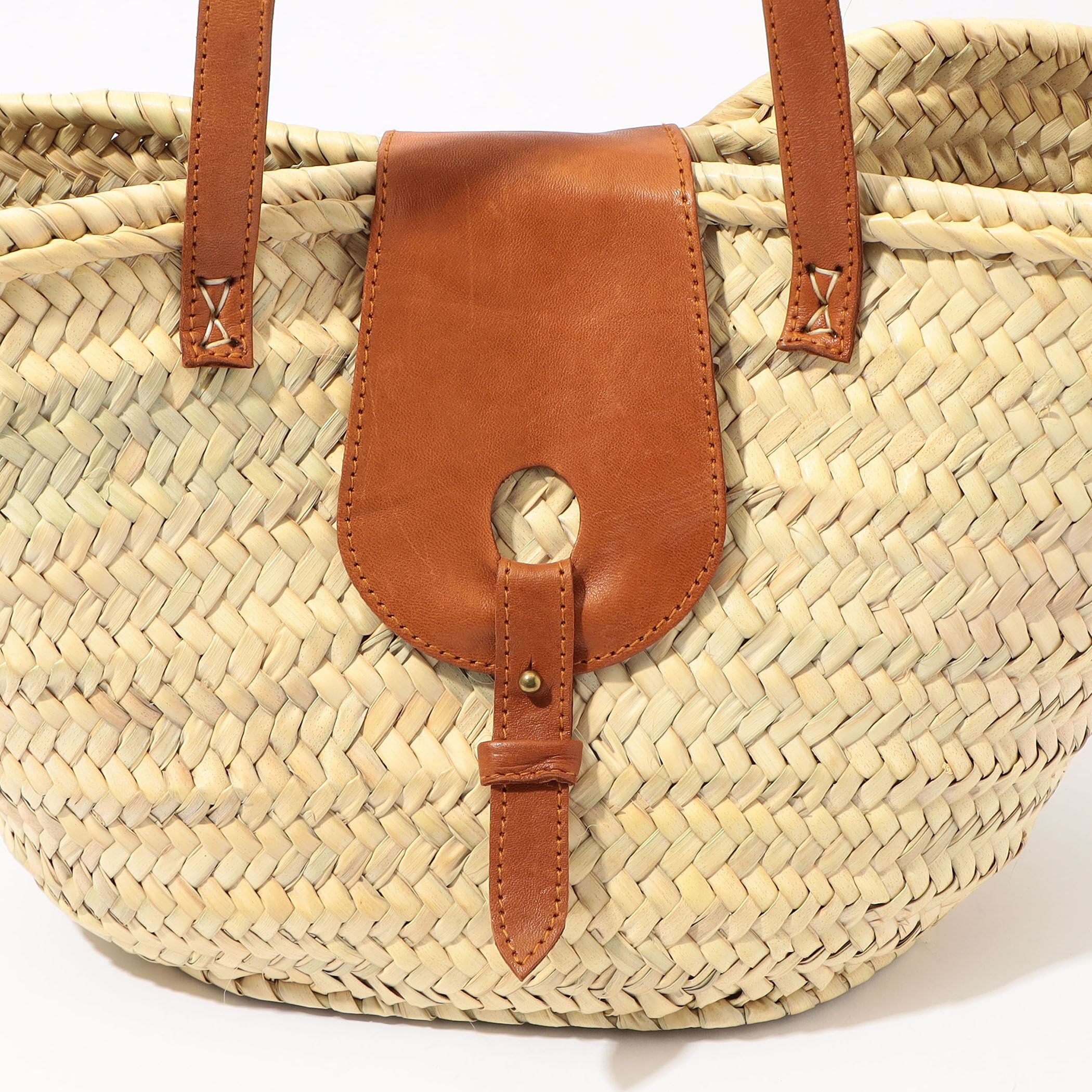 KECH LES ESSENTIELS RAFFIA FLAP SM レザーハンドルかごバッグ